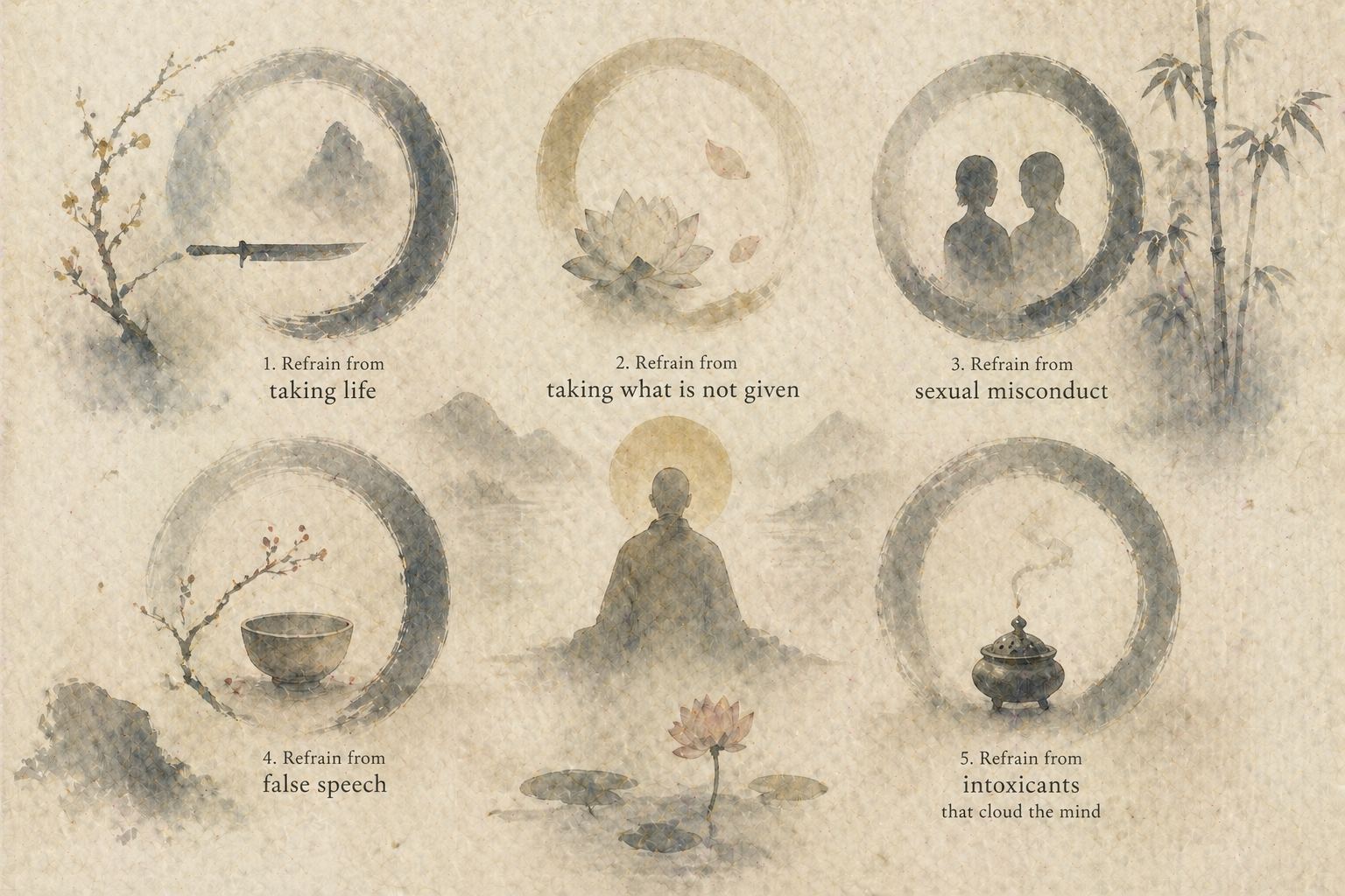 A calm, symbolic illustration presents the Five Precepts of Buddhism with gentle imagery: refraining from taking life, taking what is not given, sexual misconduct, false speech, and intoxicants—each represented through soft, meditative visuals around a central figure