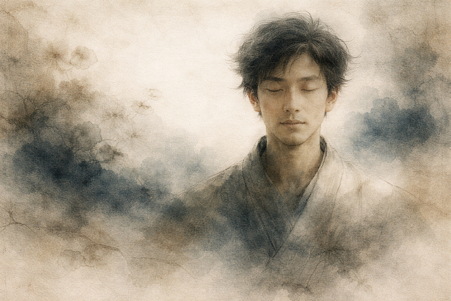 A calm young practitioner with eyes gently closed, surrounded by soft mist-like forms—evoking inner preparation, mindfulness, and the quiet mindset needed before beginning a Buddhist pilgrimage