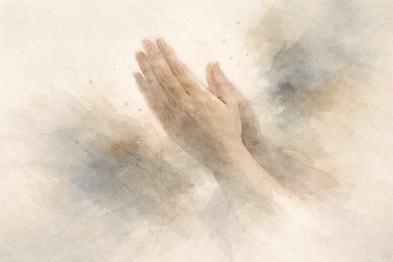 Abstract depiction of two hands gently coming together in a gesture of sincerity, rendered in soft ink textures that evoke humility, apology, and the intention to take responsibility and restore harmony in Buddhist ethics.