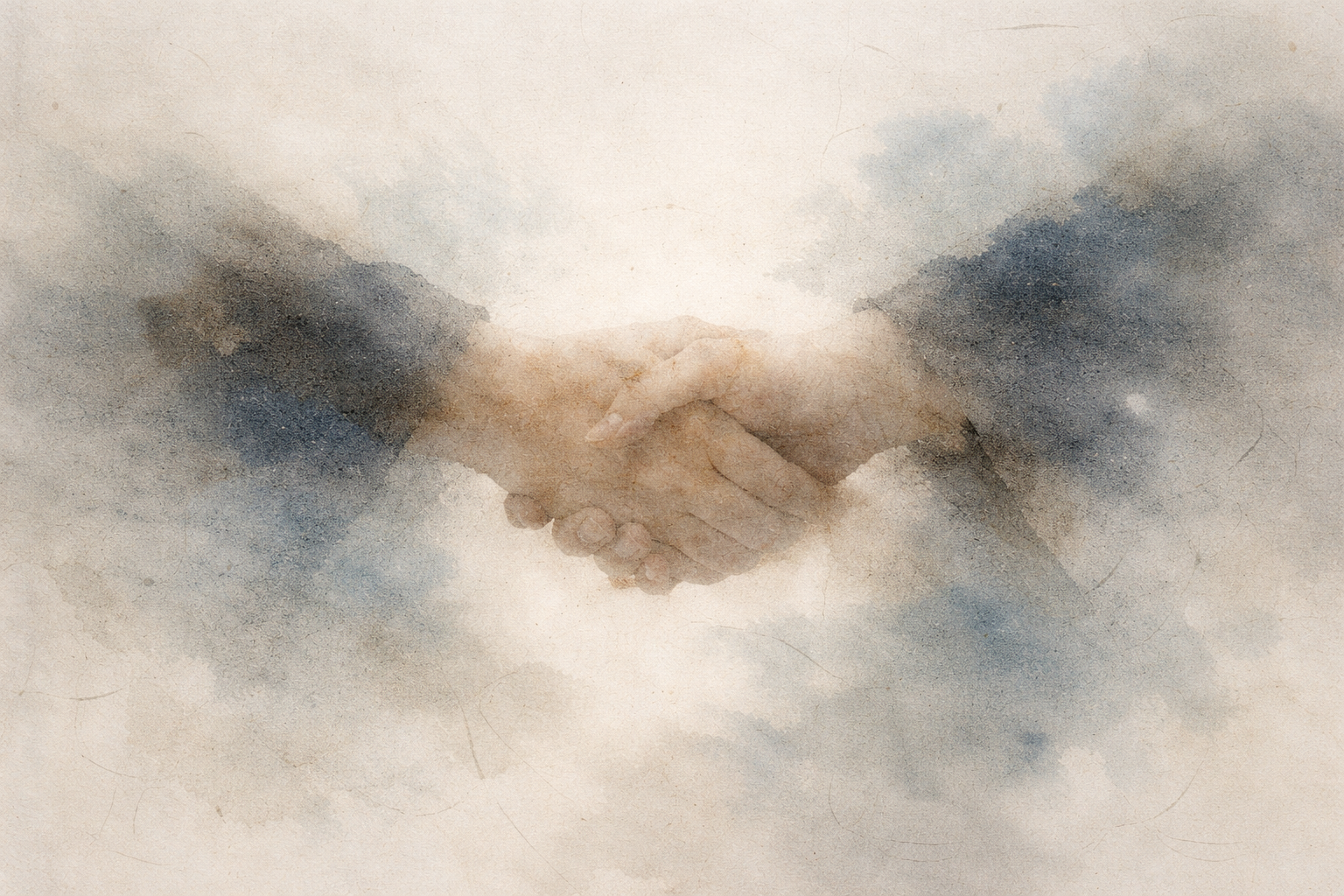 Abstract depiction of two hands meeting in a gentle handshake within a soft, misty atmosphere, rendered in delicate ink textures that evoke trust, sincerity, and the ethical importance of keeping promises in daily Buddhist practice.