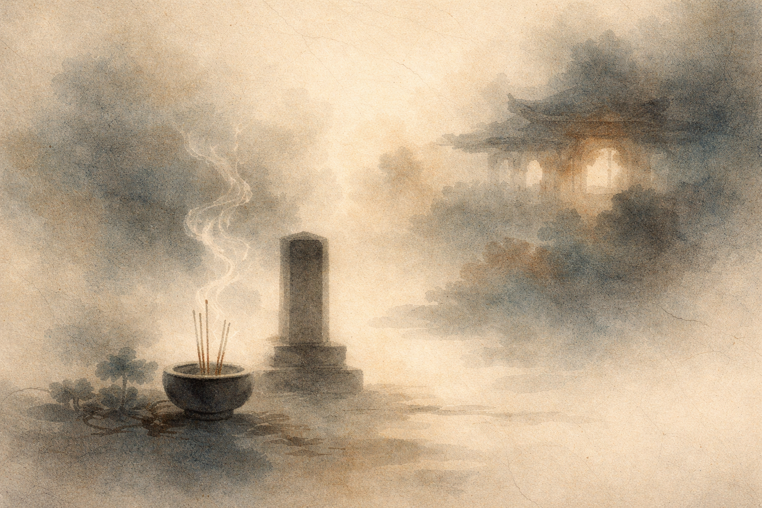 Burning incense beside a simple memorial stone with a distant Buddhist temple in soft mist, symbolizing contemplation on death and spiritual preparation in Buddhist teaching