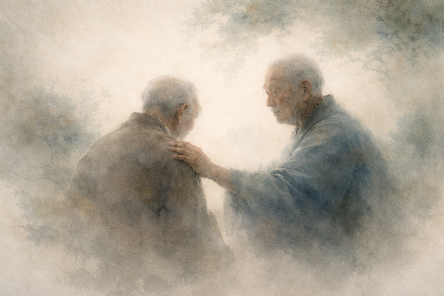 Abstract depiction of two figures in quiet conversation, one gently placing a hand on the other’s shoulder, rendered in soft ink textures that evoke compassion, honesty, and the balance between truthful speech and kindness in Buddhist ethics.