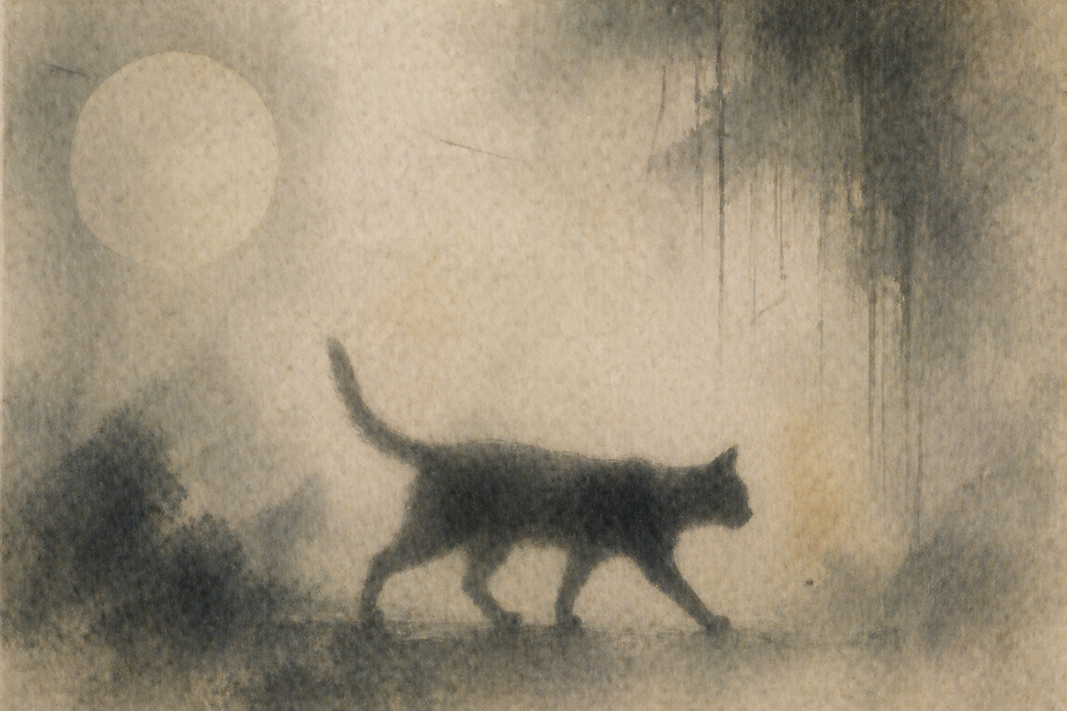 A shadowy cat walking quietly through a misty, moonlit landscape, evoking themes of mystery, superstition, and the questioning of fear and belief in Buddhism