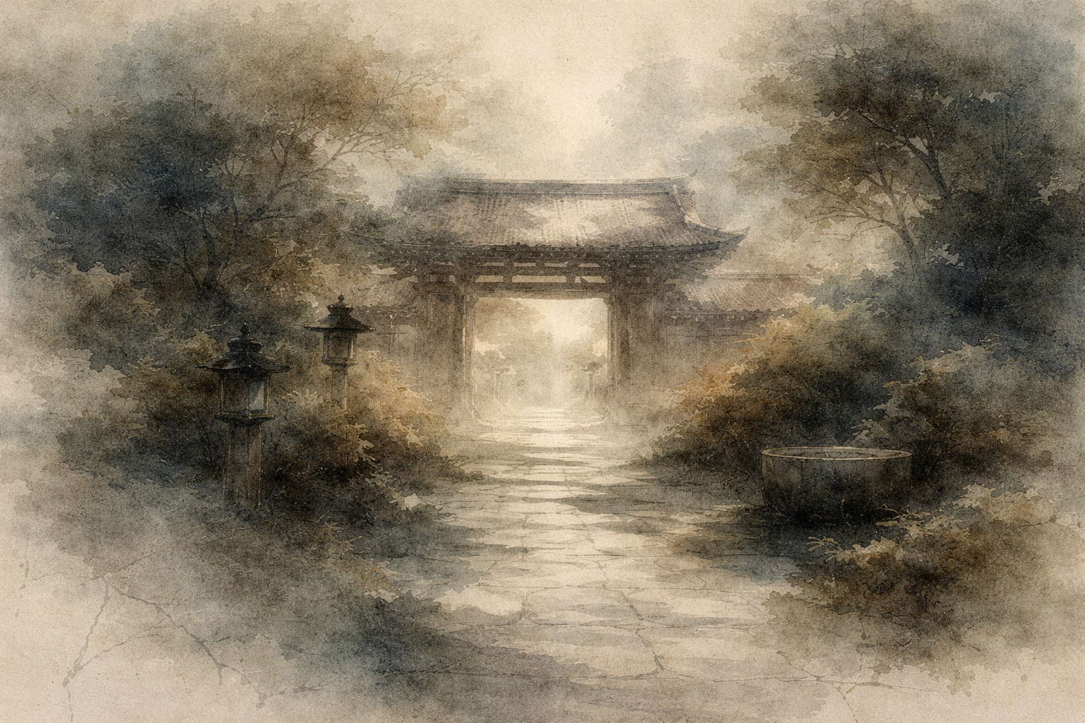 A quiet temple gate along a stone path surrounded by soft mist and trees, conveying how Buddhist spaces in Japan communicate calm insight through atmosphere rather than language