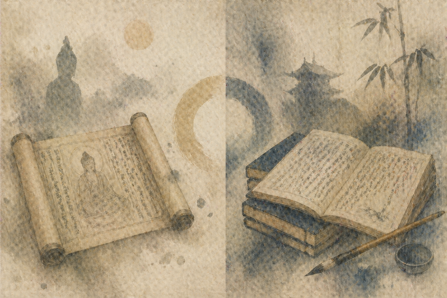 仏教の古い巻物と手書きの書物が重ねられた静かな空間。初心者が仏教の基礎的な経典に触れ、学びを始める道を象徴している情景