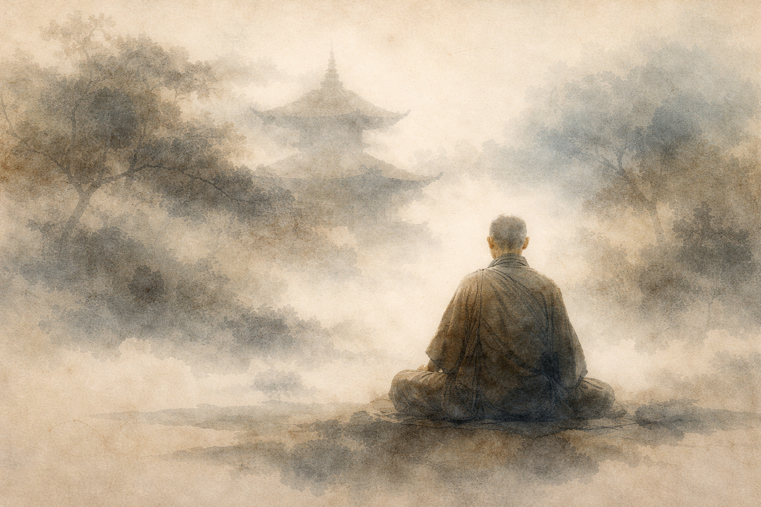 霧の中に浮かぶ寺院に向かって静かに座る僧侶の姿。人生、苦しみ、修行、意味について問いかける余白と静かな観想の空気を表している