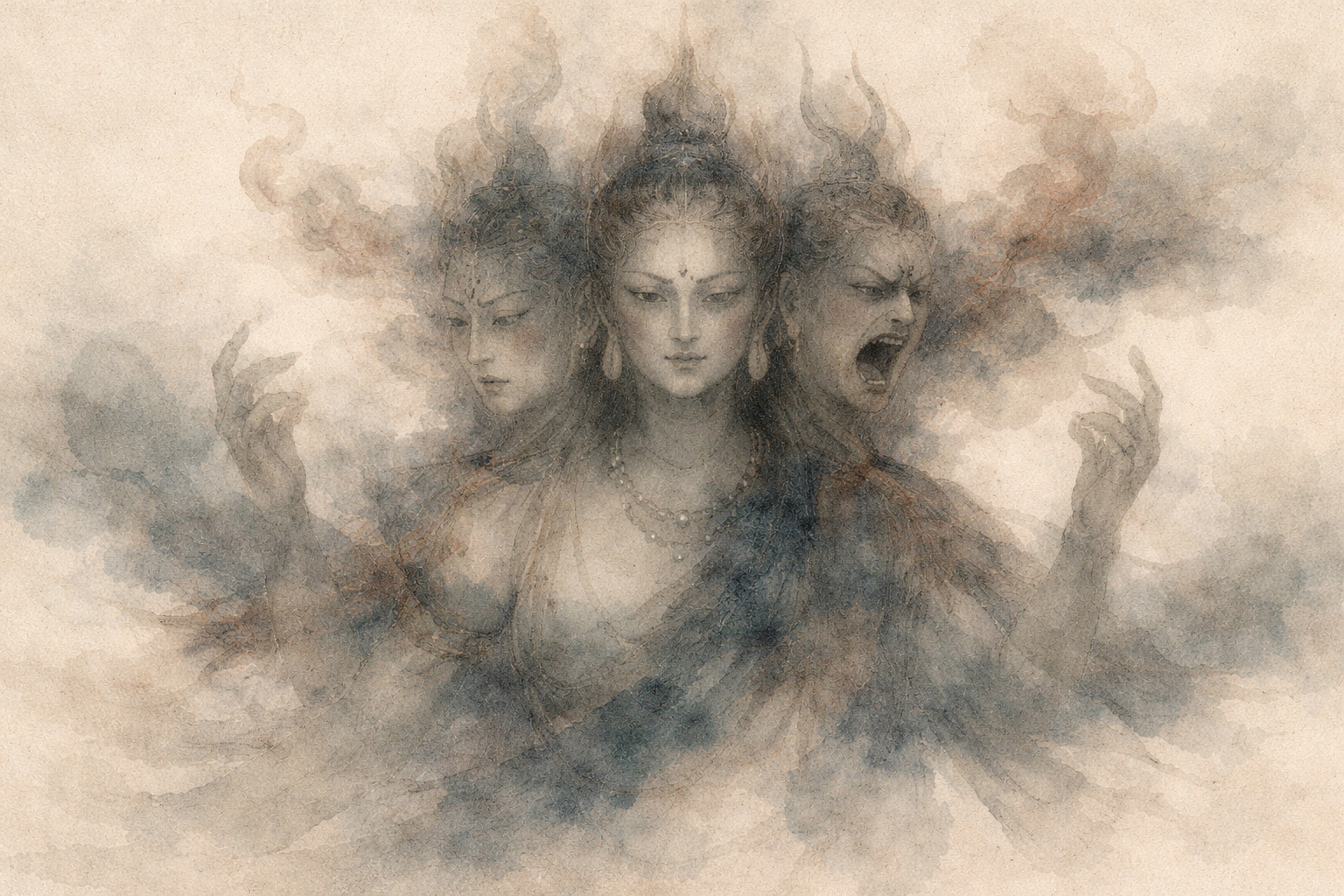 Abstract depiction of a symbolic multi-faced figure expressing contrasting emotions, rendered in soft ink textures that evoke inner conflict, moral awareness, and the complexity of understanding harm in Buddhist ethics.