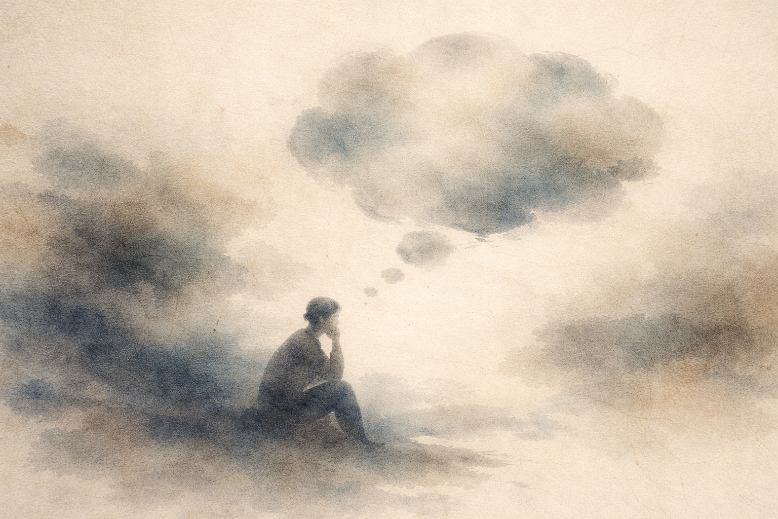 Abstract depiction of a person sitting quietly in contemplation with soft cloud-like thoughts forming above, rendered in gentle ink textures that evoke curiosity, uncertainty, and the natural range of experiences common when first beginning meditation.