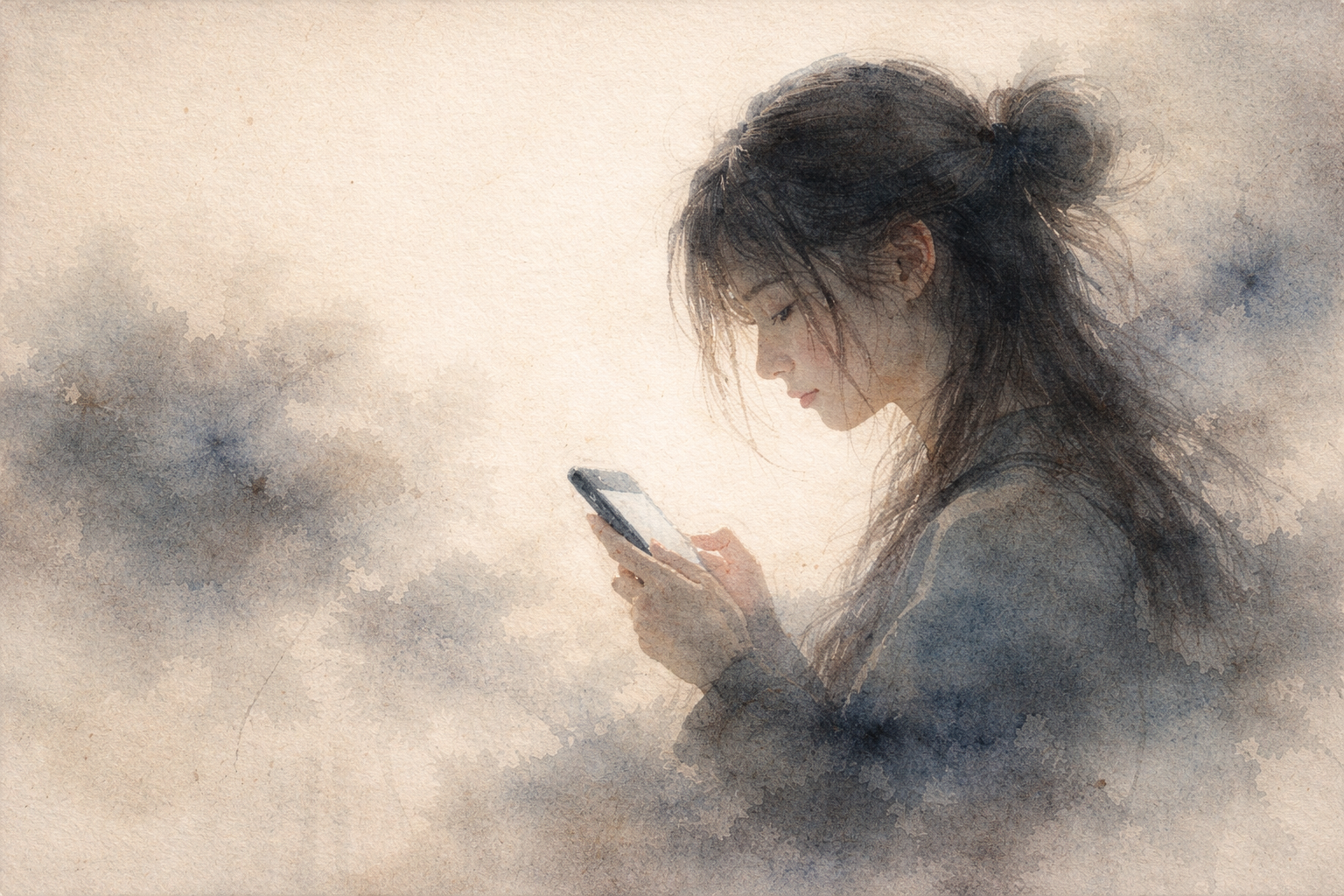 柔らかな霧のような墨の質感の中でスマートフォンに意識を向ける人物を描き、繰り返し注意を引き寄せる欲求とデジタル時代の落ち着かなさを象徴する抽象的なイメージ。