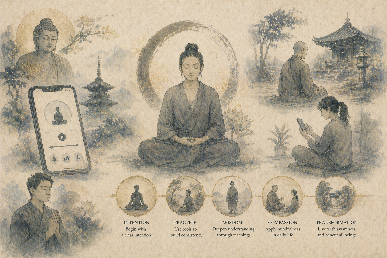 A central figure meditating calmly, surrounded by scenes of temples, a smartphone meditation app, and daily life moments, with a visual path labeled intention, practice, wisdom, compassion, and transformation—illustrating how digital tools can support but not replace the full depth of Buddhist practice