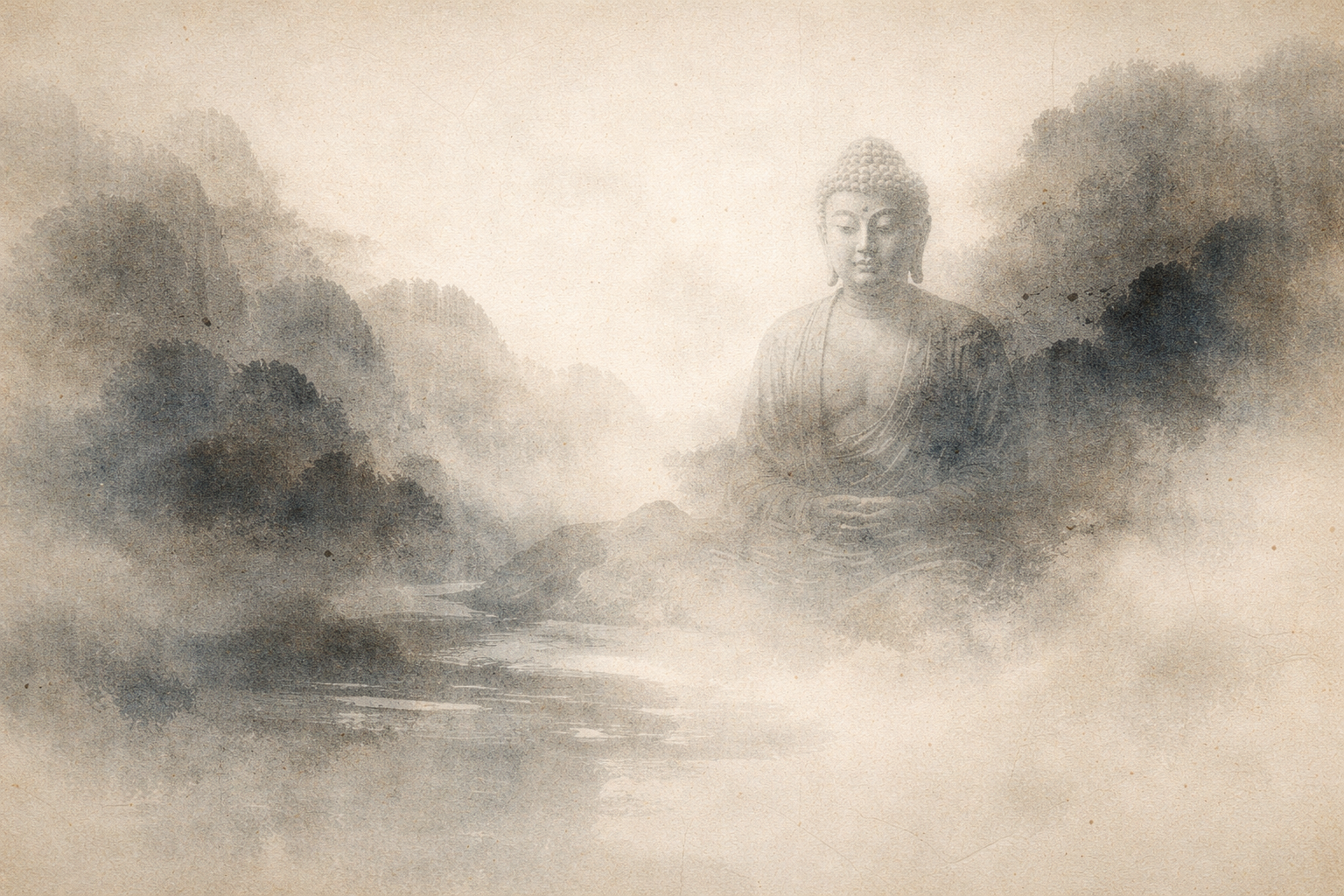静かな風景の霧の中から浮かび上がる仏の姿を柔らかな墨調で描き、仏教の繊細で時に理解が難しい概念に向き合う初心者の思索を象徴する抽象的なイメージ。