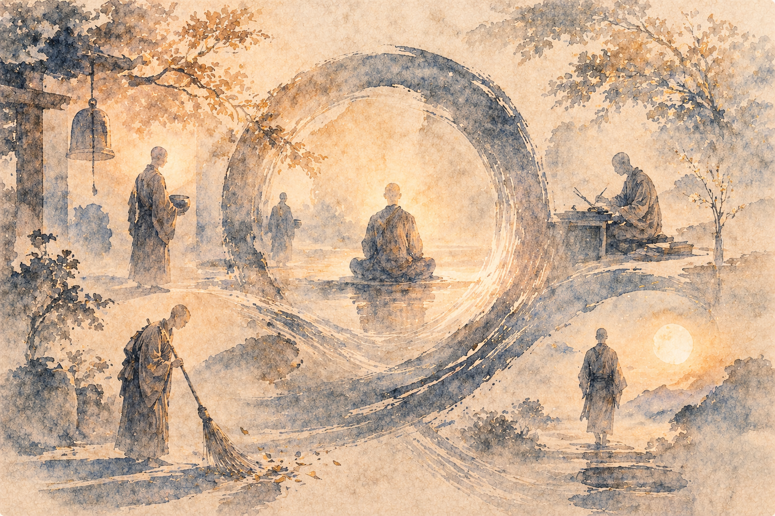 A quiet sequence of monks engaged in everyday practice—meditation, study, work, walking, and ritual—arranged within a flowing circular form that suggests continuity, discipline, and the rhythm of daily life in Buddhist training