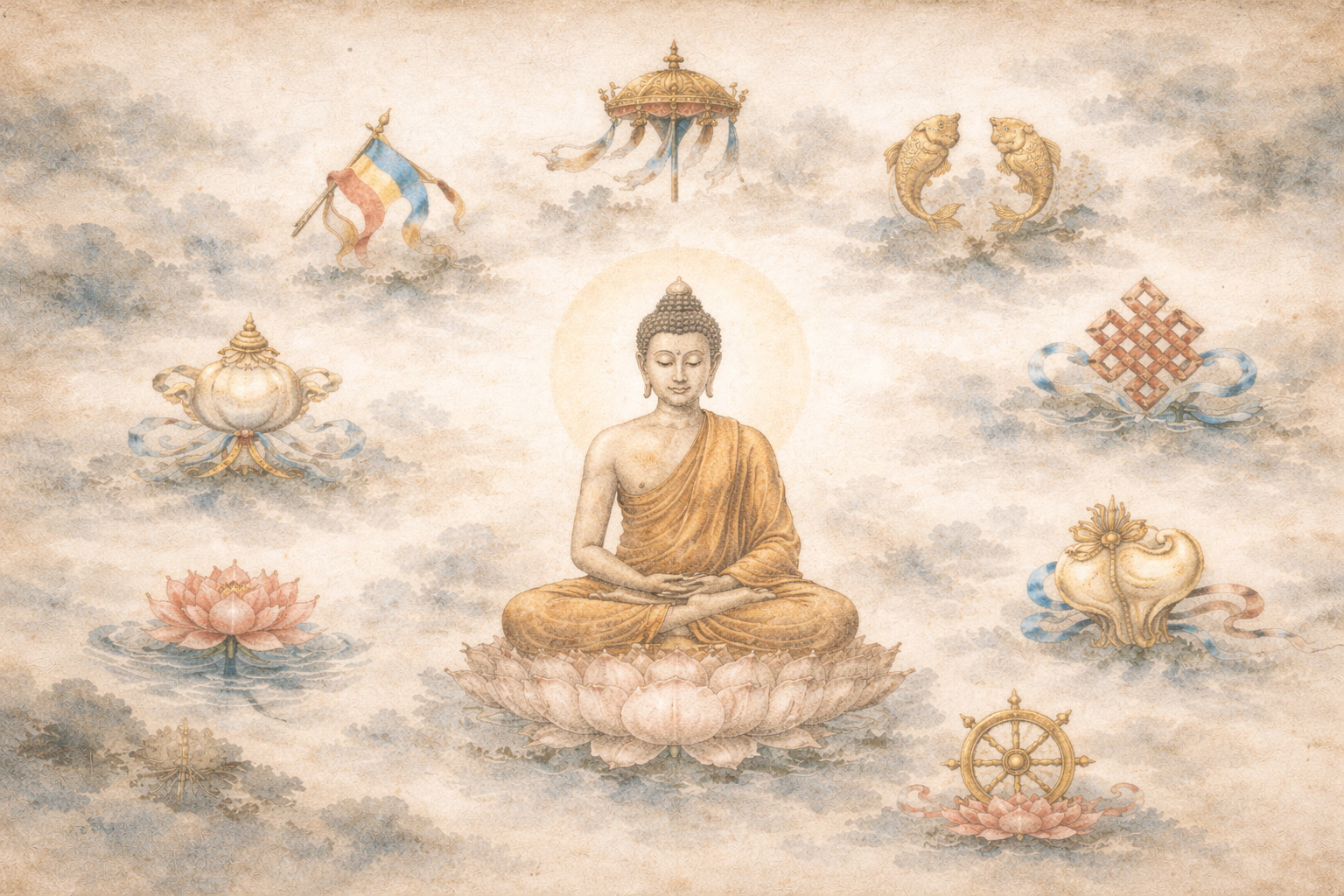 Abstract depiction of a Buddha seated on a lotus, surrounded by symbolic elements such as the Dharma wheel, lotus flowers, and traditional motifs, rendered in soft ink textures to represent daily Buddhist practice and spiritual symbolism.
