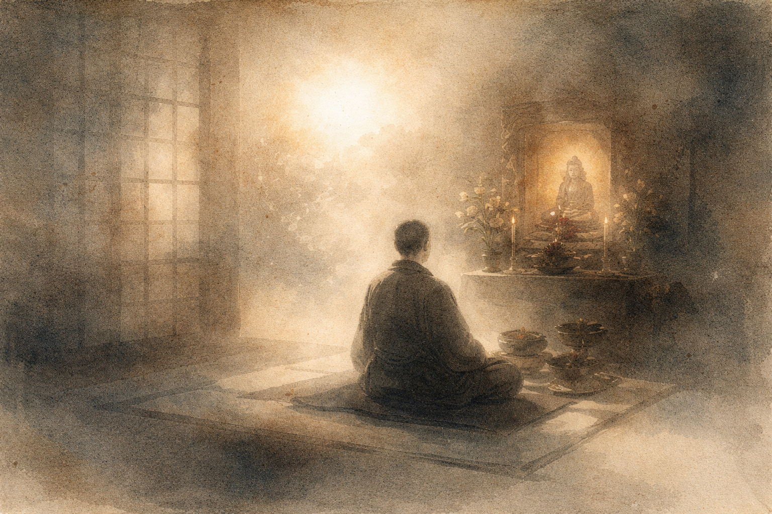 A person sitting quietly before a home altar with offerings, candles, and a Buddha image, bathed in warm light—illustrating how Buddhist festivals are often observed through prayer, reflection, and simple acts of devotion