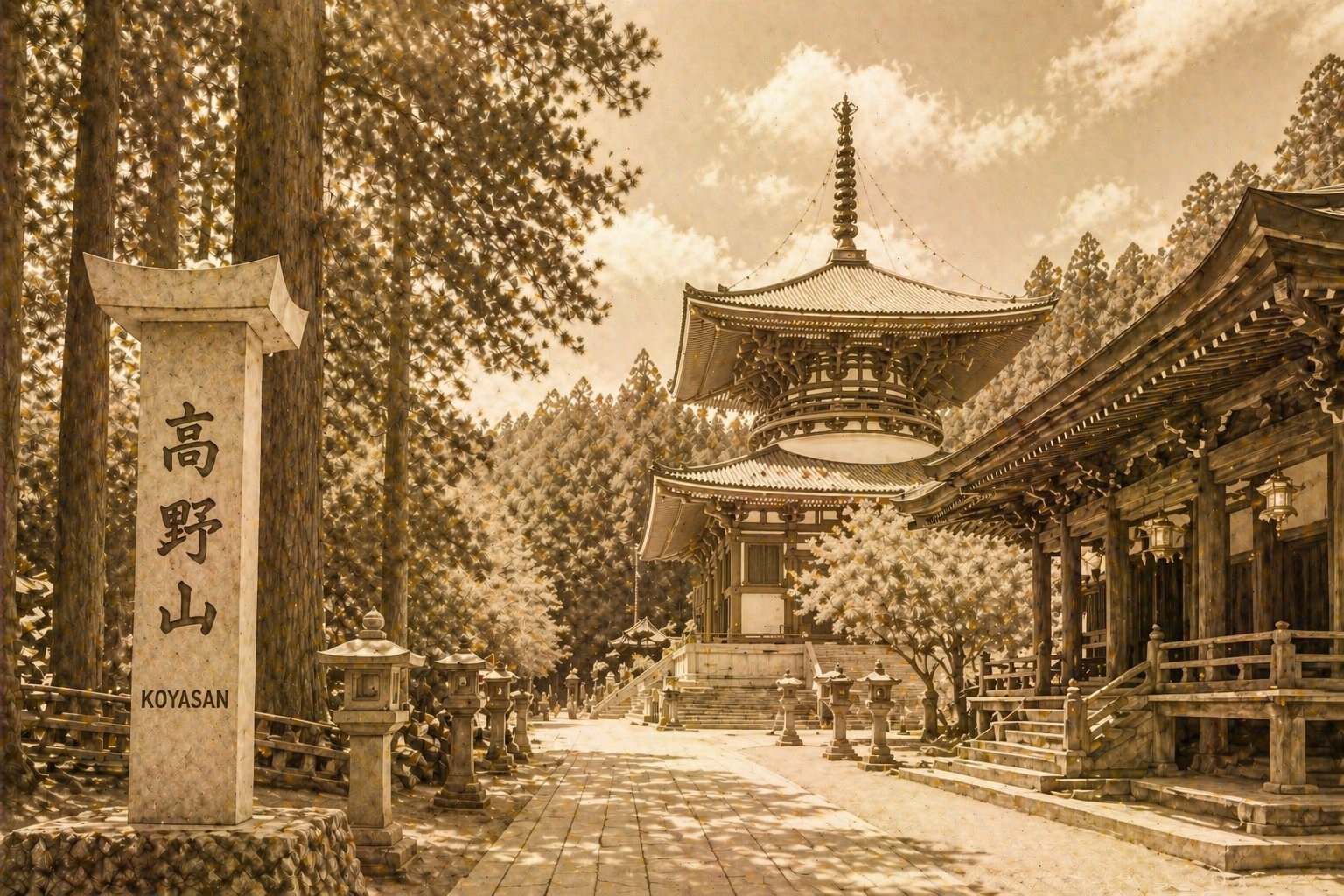 高野山の静かな寺院風景。五重塔や木造の建物、杉の木々に囲まれ、「高野山」と刻まれた石碑が立つ穏やかな情景