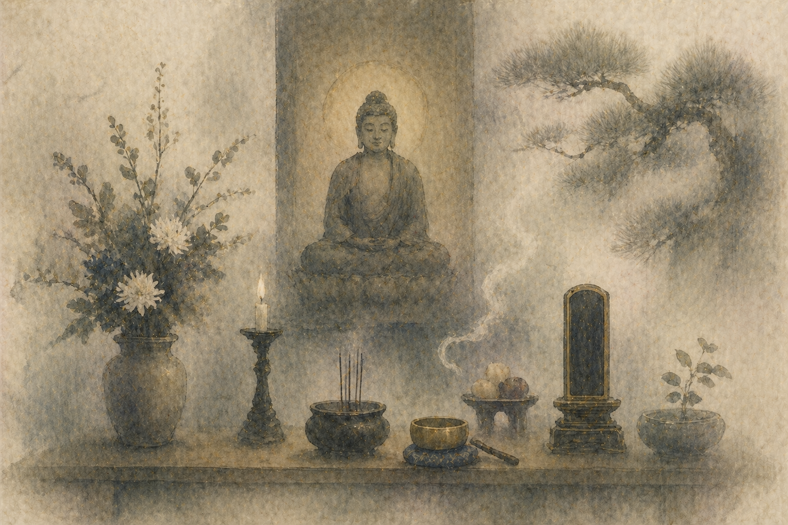 A simple home Buddhist altar with a Buddha statue, candle, incense, flowers, fruit offerings, and a small memorial tablet—illustrating common items placed with care and intention