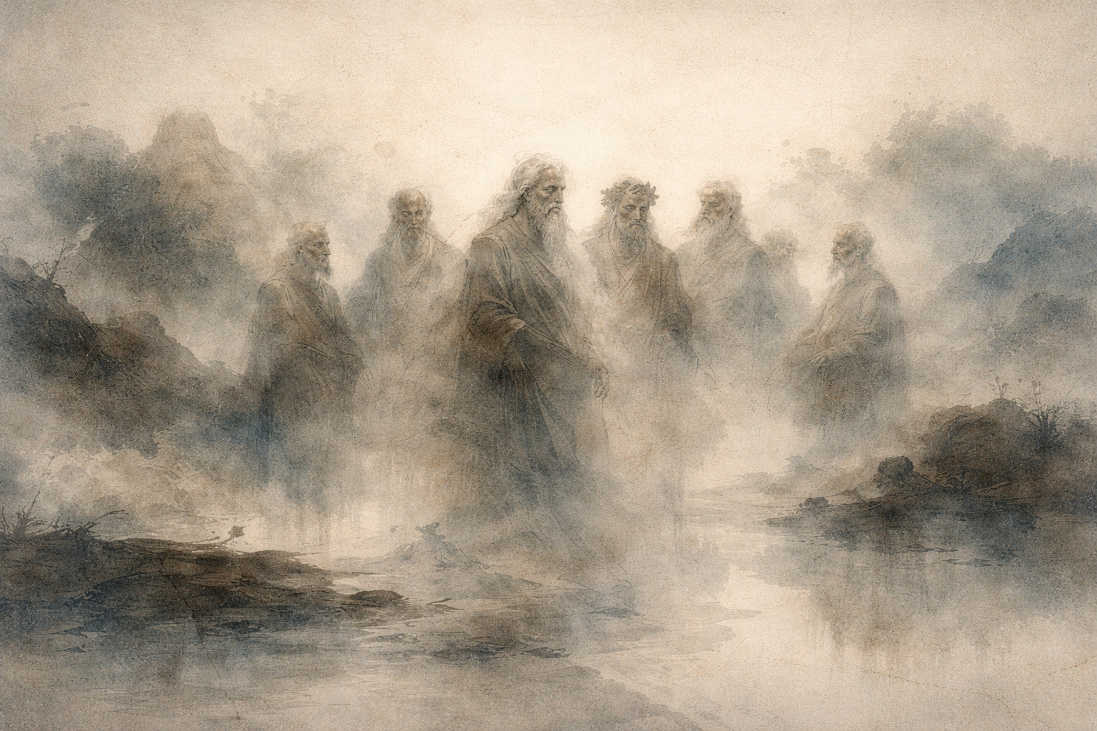 A misty scene of multiple ancestral figures standing together, softly fading into the landscape—evoking Buddhist memorial practice as a gentle act of remembrance, continuity, and connection across generations