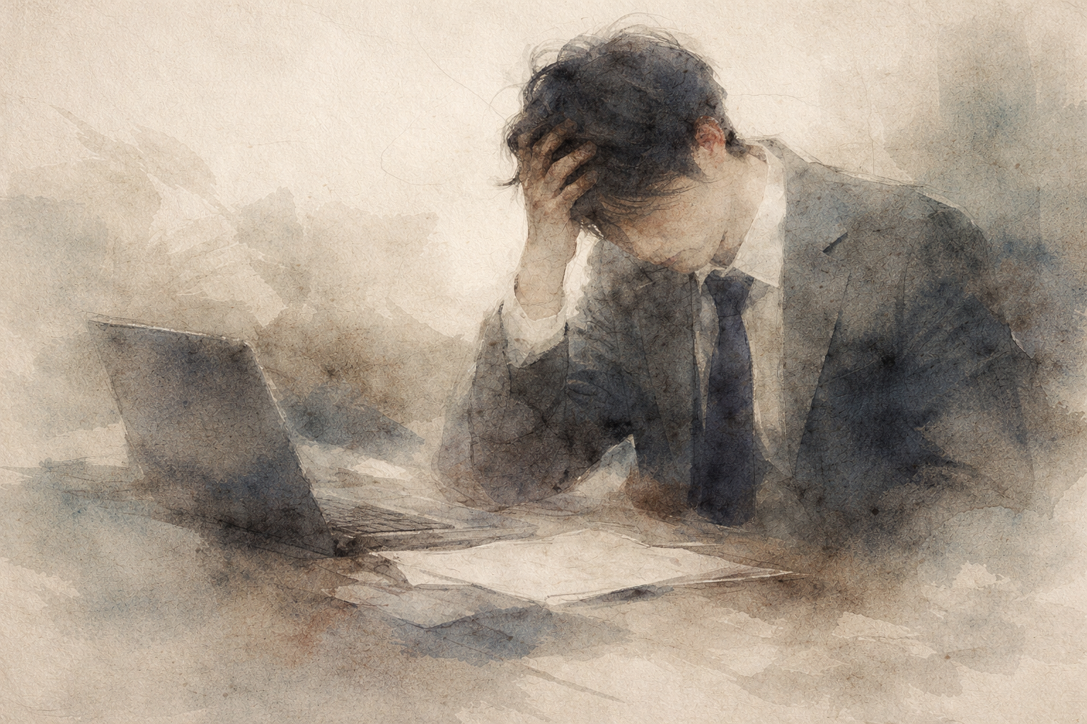 Abstract depiction of a person sitting at a desk with a laptop, holding their head in mental strain, rendered in soft ink textures that evoke cognitive overload and the effects of fragmented attention on the mind.