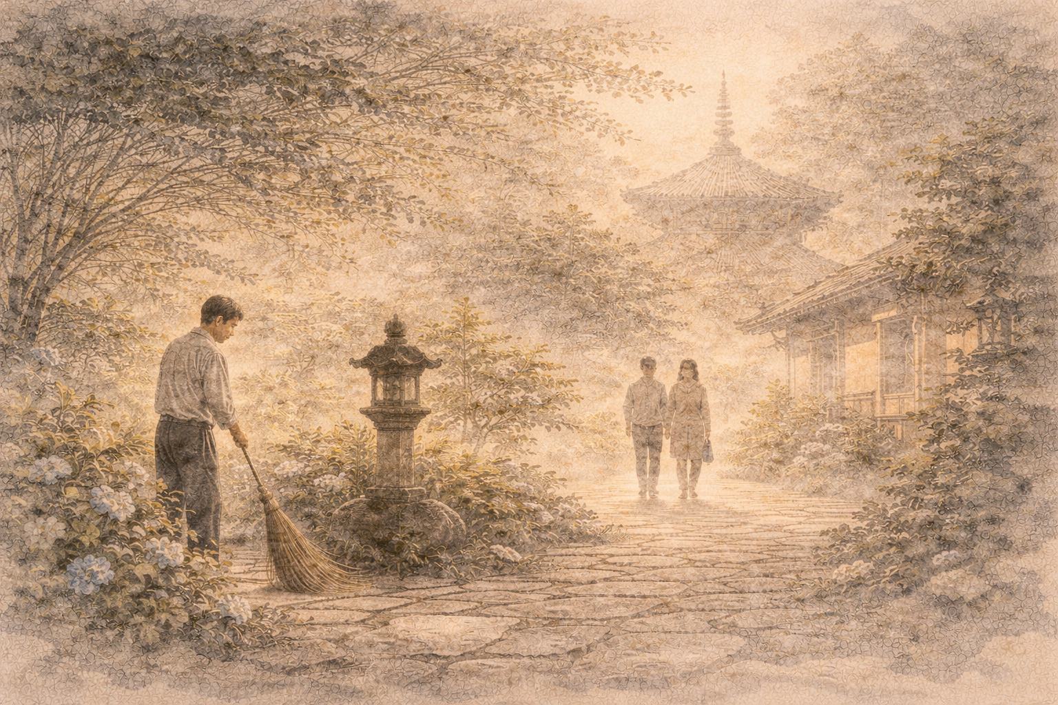 A quiet temple garden scene where one person gently sweeps the path while two visitors walk slowly, symbolizing how deeper meaning may fade when Buddhism is reduced to a simple wellness practice