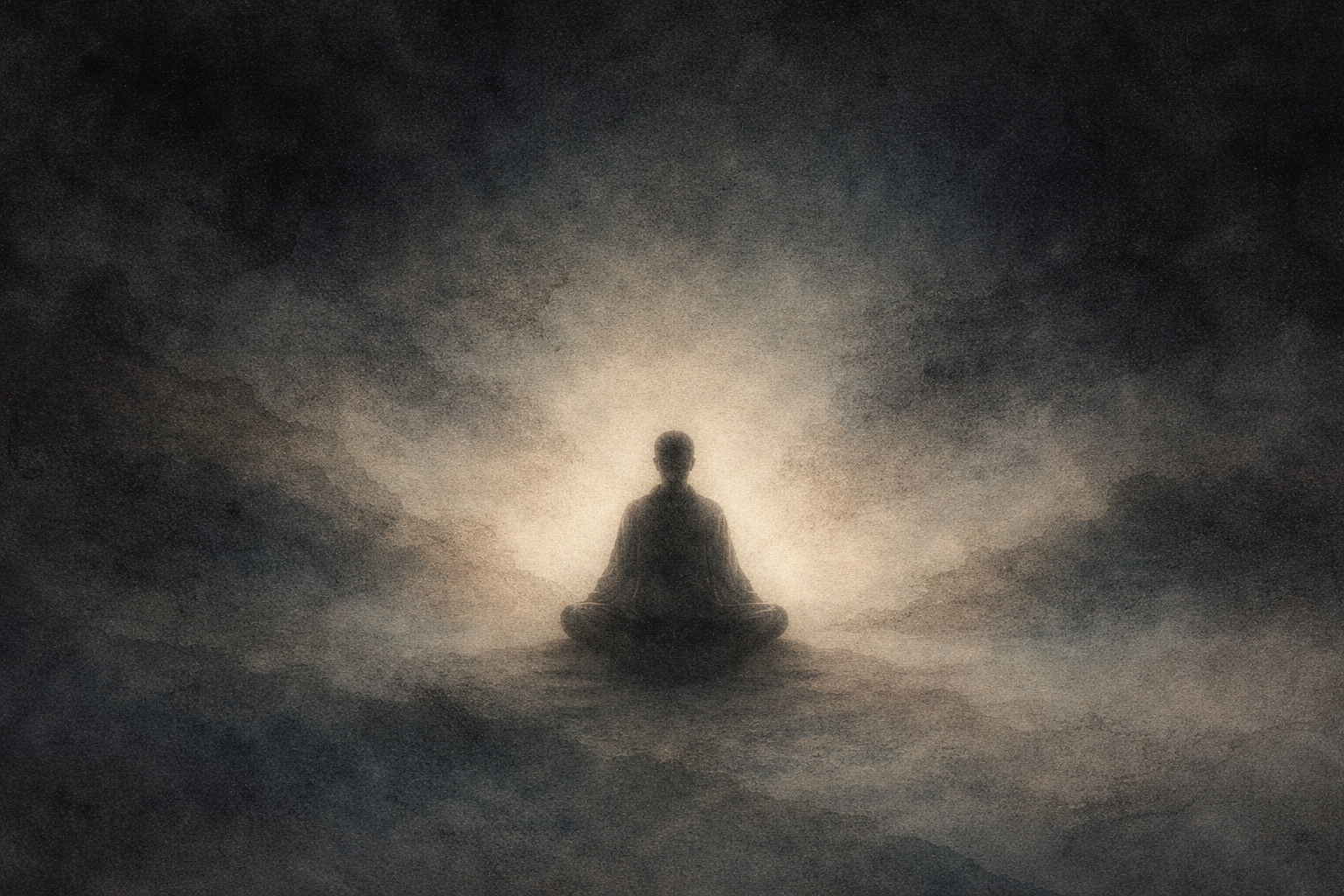Abstract depiction of a solitary figure seated in meditation within a dim, atmospheric space, surrounded by soft gradients of light and shadow that evoke deep silence, introspection, and the inward journey often experienced during a silent meditation retreat.