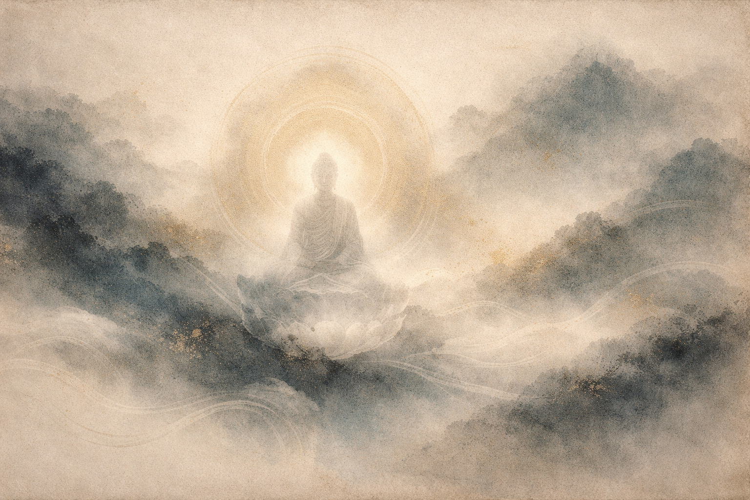 静かな風景の霧の中から柔らかく浮かび上がる光を帯びた仏の姿を描き、瞑想によって不安への気づきが深まる繊細な内面の感覚を表現した柔らかな墨調の抽象的なイメージ。