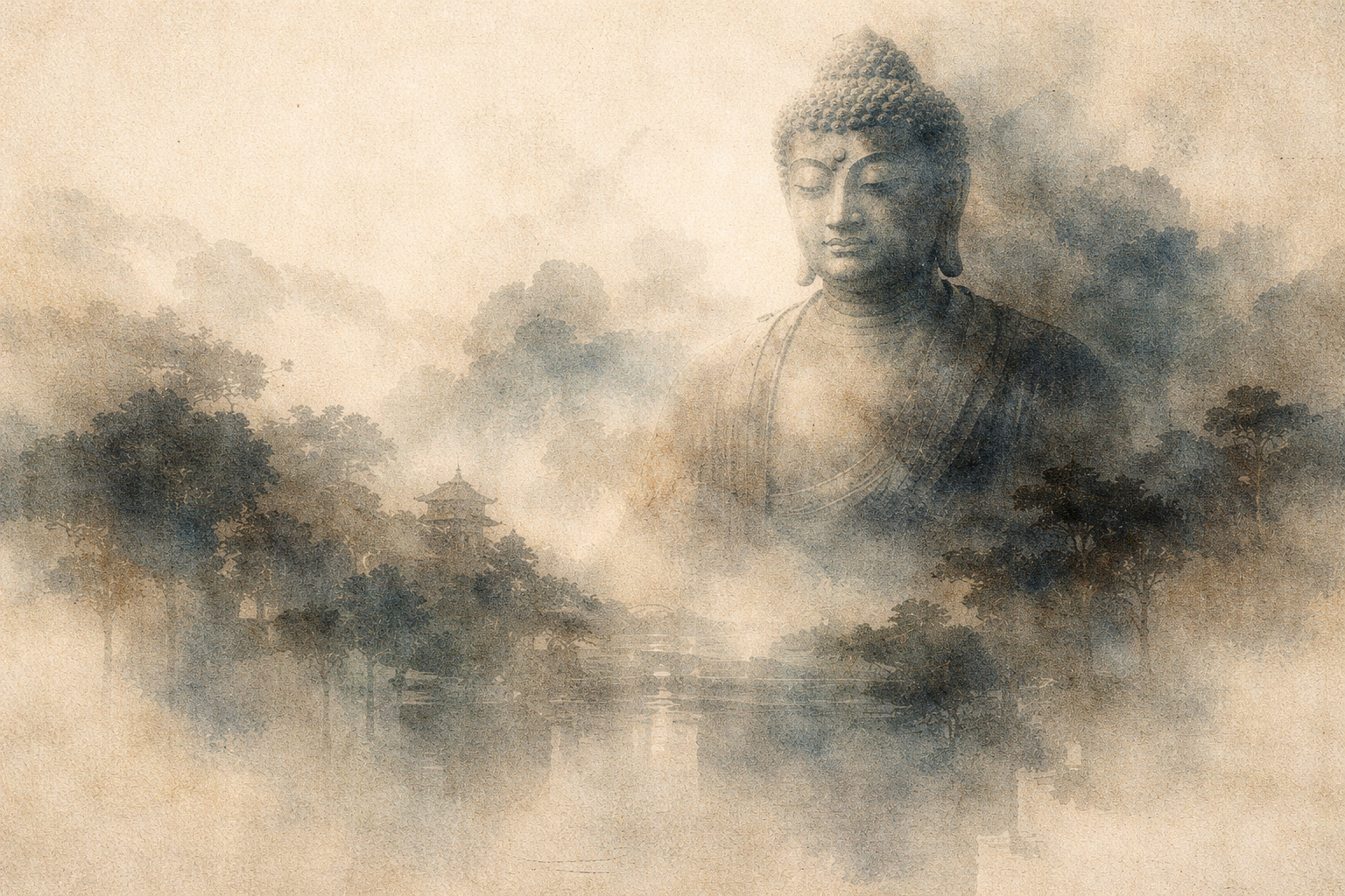 Abstract depiction of a serene Buddha figure emerging from mist above a quiet landscape with trees and temple silhouettes, rendered in soft ink textures that evoke calm, contemplation, and an introduction to Buddhist thought.