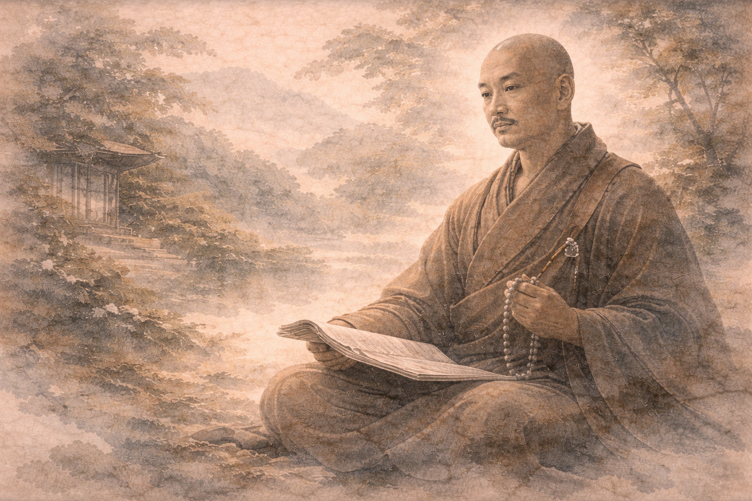 屋外で座り、数珠を持ちながら経典を読んでいる僧侶が描かれた、やわらかなセピア調の水彩風の絵。読誦や唱和といった穏やかでリズミカルな実践を想起させる