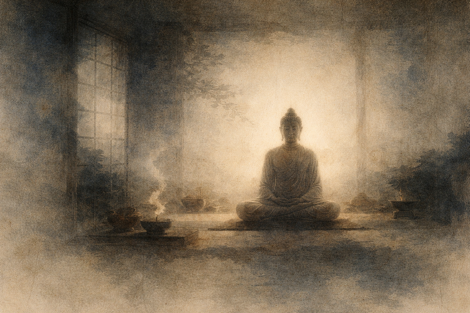 A serene Buddha figure sits in meditation, softly illuminated in a quiet room with simple offerings—symbolizing generosity, humility, and the spirit of giving in Buddhist practice (Dana)