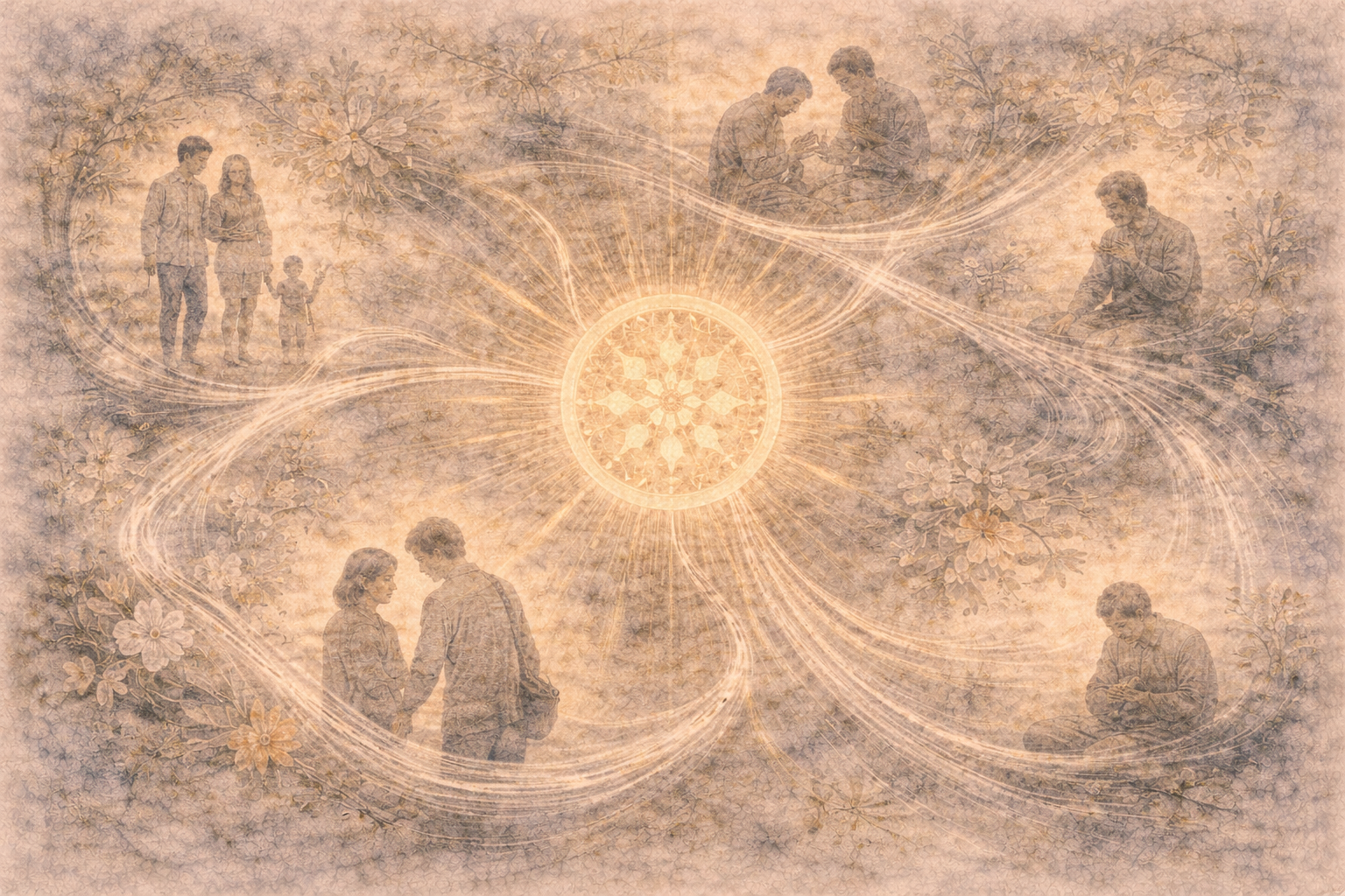 Interconnected scenes of everyday life radiating from a glowing center, illustrating how all experiences arise through conditions and relationships—symbolizing dependent origination in Buddhism