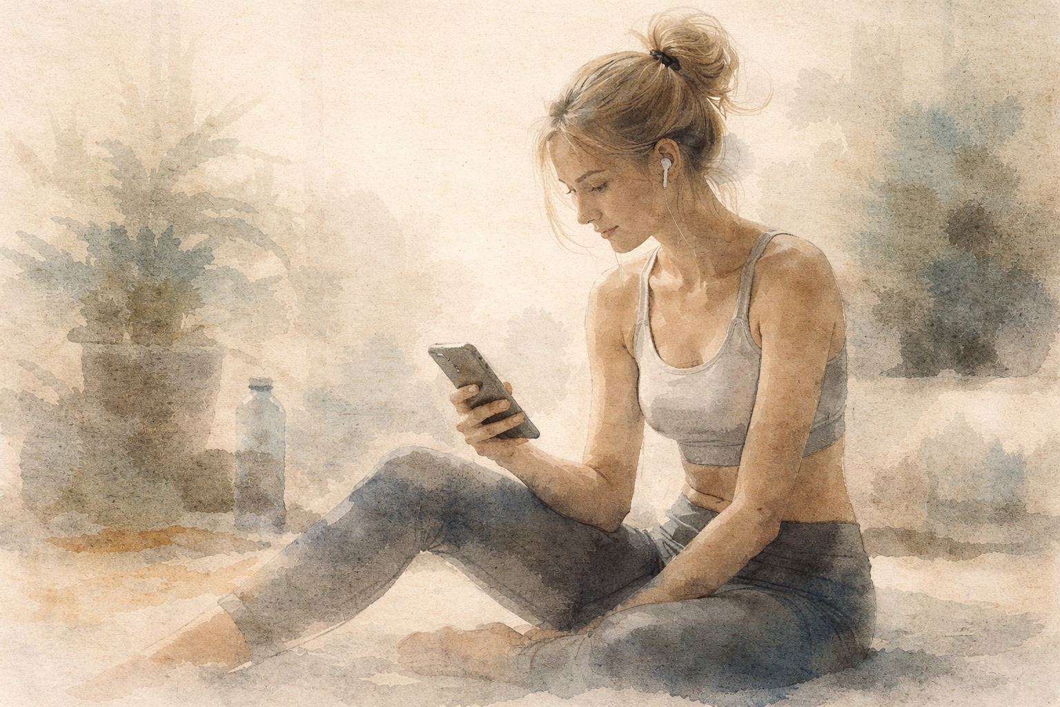 A woman sitting comfortably on the floor using her smartphone with earphones, representing a simple digital breathing exercise for beginners