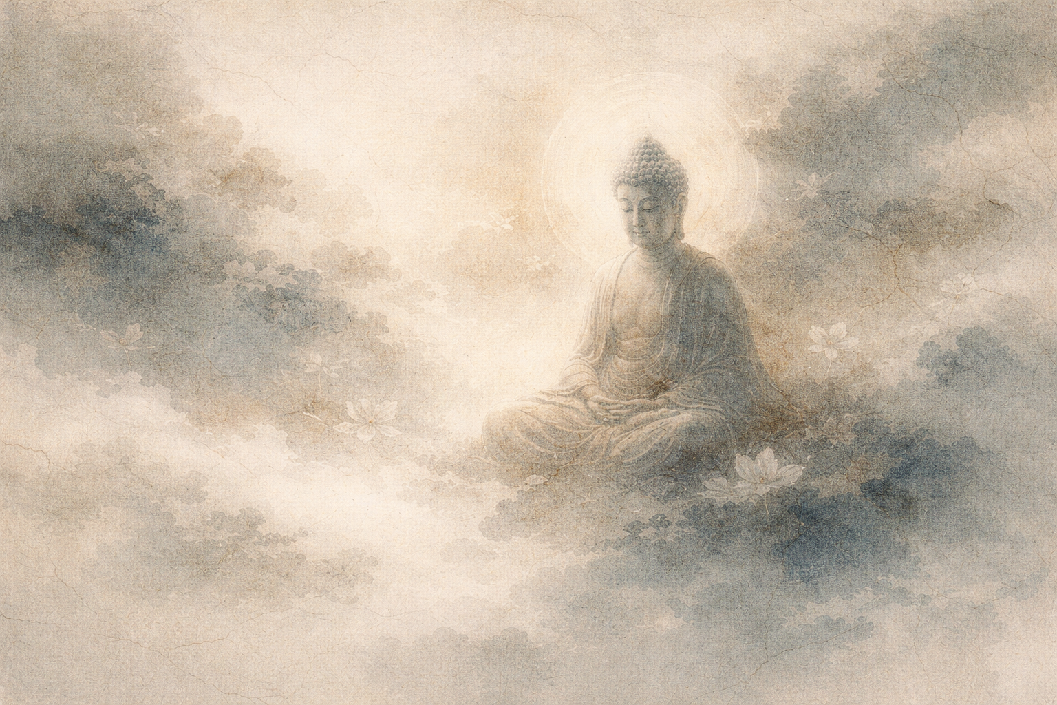 A serene Buddha seated in meditation among soft clouds and faint lotus blossoms, radiating gentle light—symbolizing the compassionate presence central to Jodo Shinshu and the path of entrusting oneself to Amida Buddha