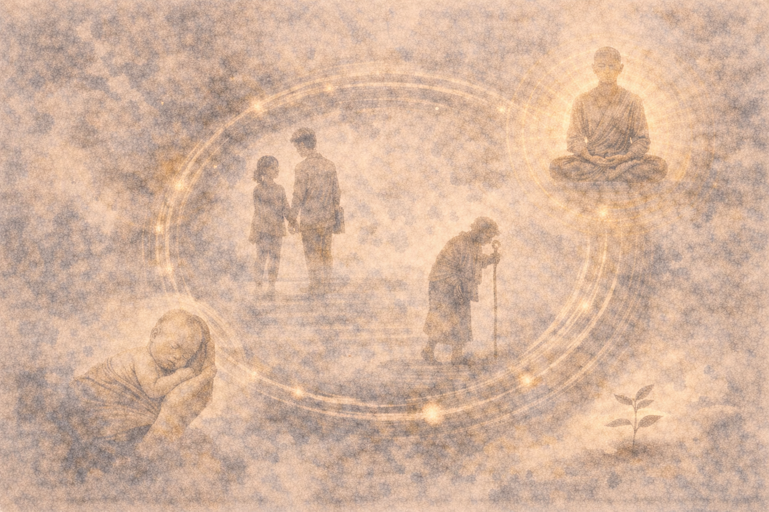 A circular composition showing stages of human life alongside a meditating figure, symbolizing how karma in Buddhism unfolds through intention, actions, and their effects over time