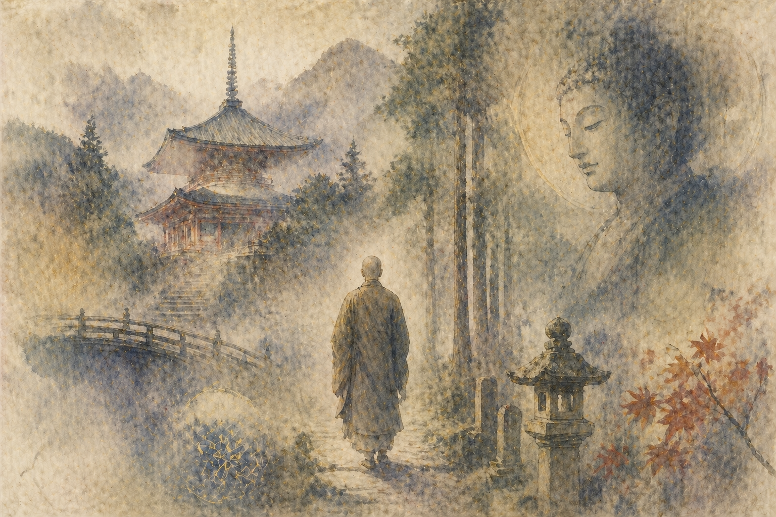 A serene scene of a monk walking along a forest path toward a traditional pagoda, with a faint image of the Buddha in the background—evoking the sacred atmosphere of Koyasan in Japanese Buddhism