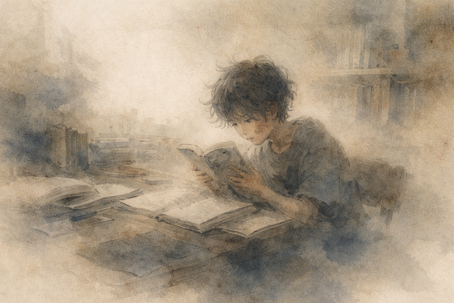 A young person studies quietly at a desk surrounded by books, symbolizing mindful effort, learning, and the accumulation of merit through intentional actions in Buddhism
