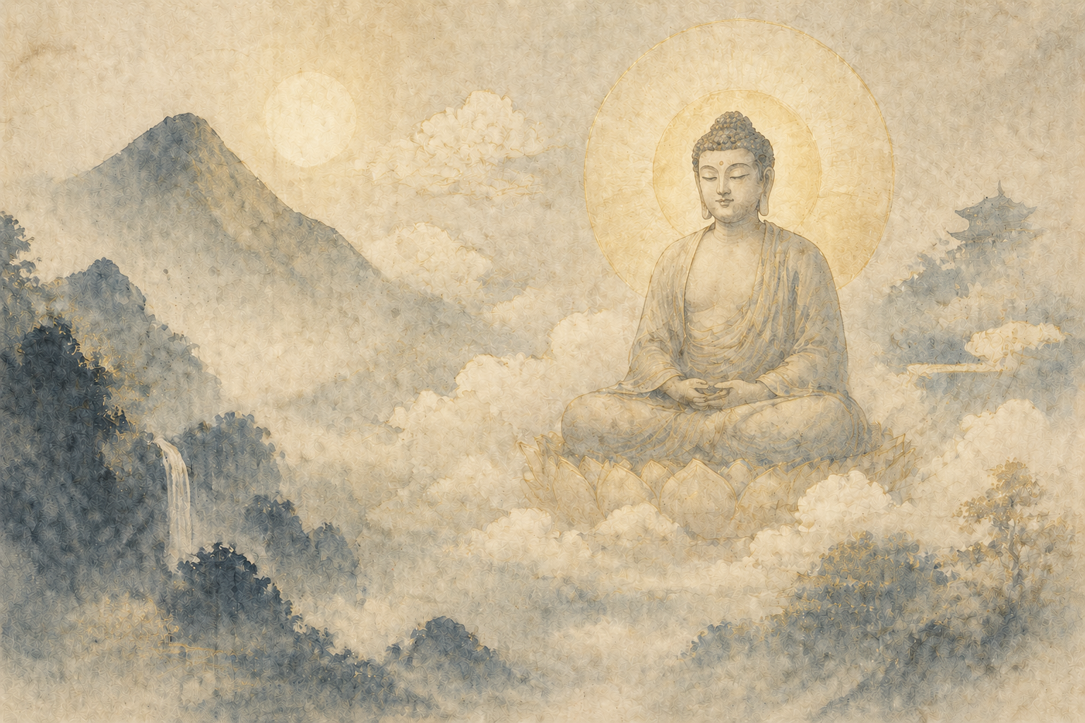 穏やかな風景の上、やわらかな雲に包まれた蓮の上に座る光り輝く仏の姿。浄土仏教の静けさと慈悲に満ちた世界を象徴している