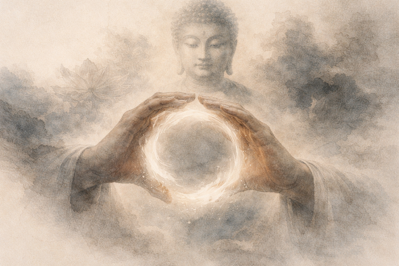 Soft, painterly image of a Buddha figure in the background with hands forming a glowing circle of light—symbolizing the Sangha as a supportive spiritual community that surrounds and nurtures the path of practice