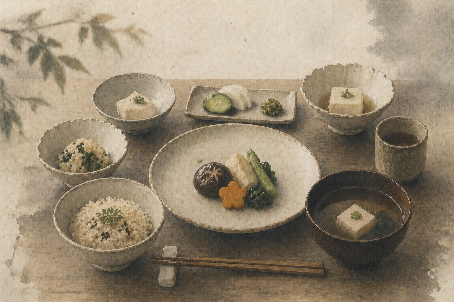 ご飯、豆腐、季節の野菜、漬物、汁物がシンプルな器に美しく盛り付けられた精進料理の膳。バランス、マインドフルネス、そして仏教寺院の伝統的な植物性の食事の質素さを表している