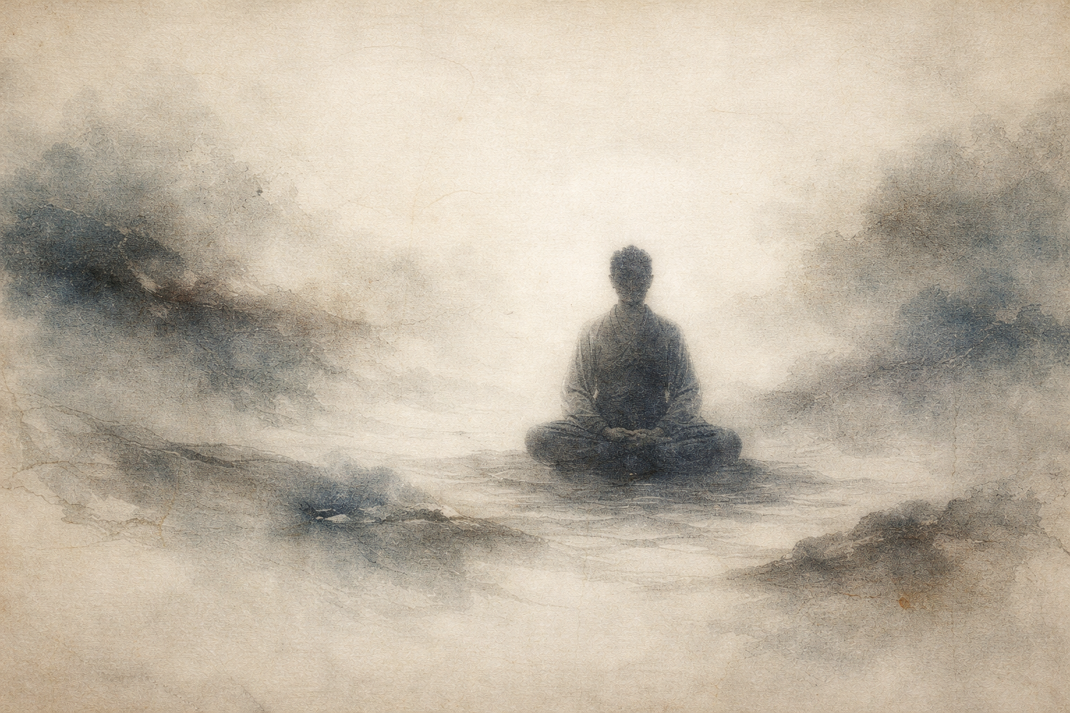 Serene watercolor-style image of a figure sitting in meditation surrounded by soft mist, symbolizing mindful breathing, inner calm, and the gentle focus cultivated through Suisokukan Buddhist breath meditation.