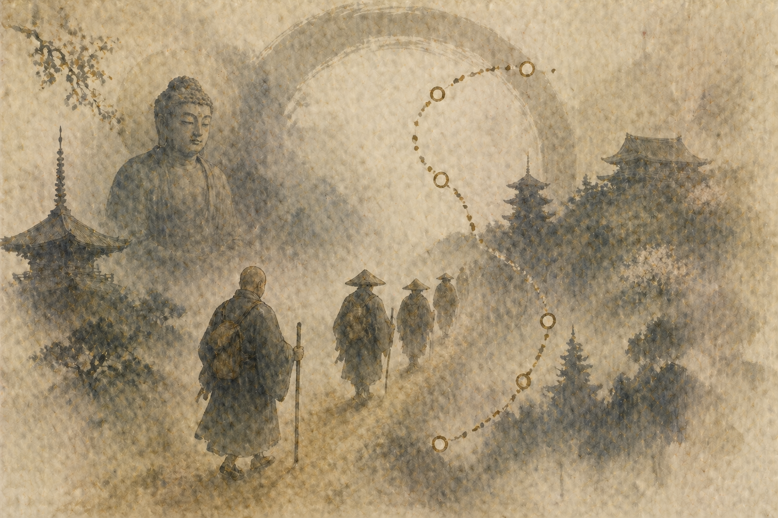 静かな道を進む巡礼者たちと、その先にある寺院、背景に穏やかな仏の姿と円の軌跡が重なる風景。修行の道、信仰、そして内なる旅を象徴している