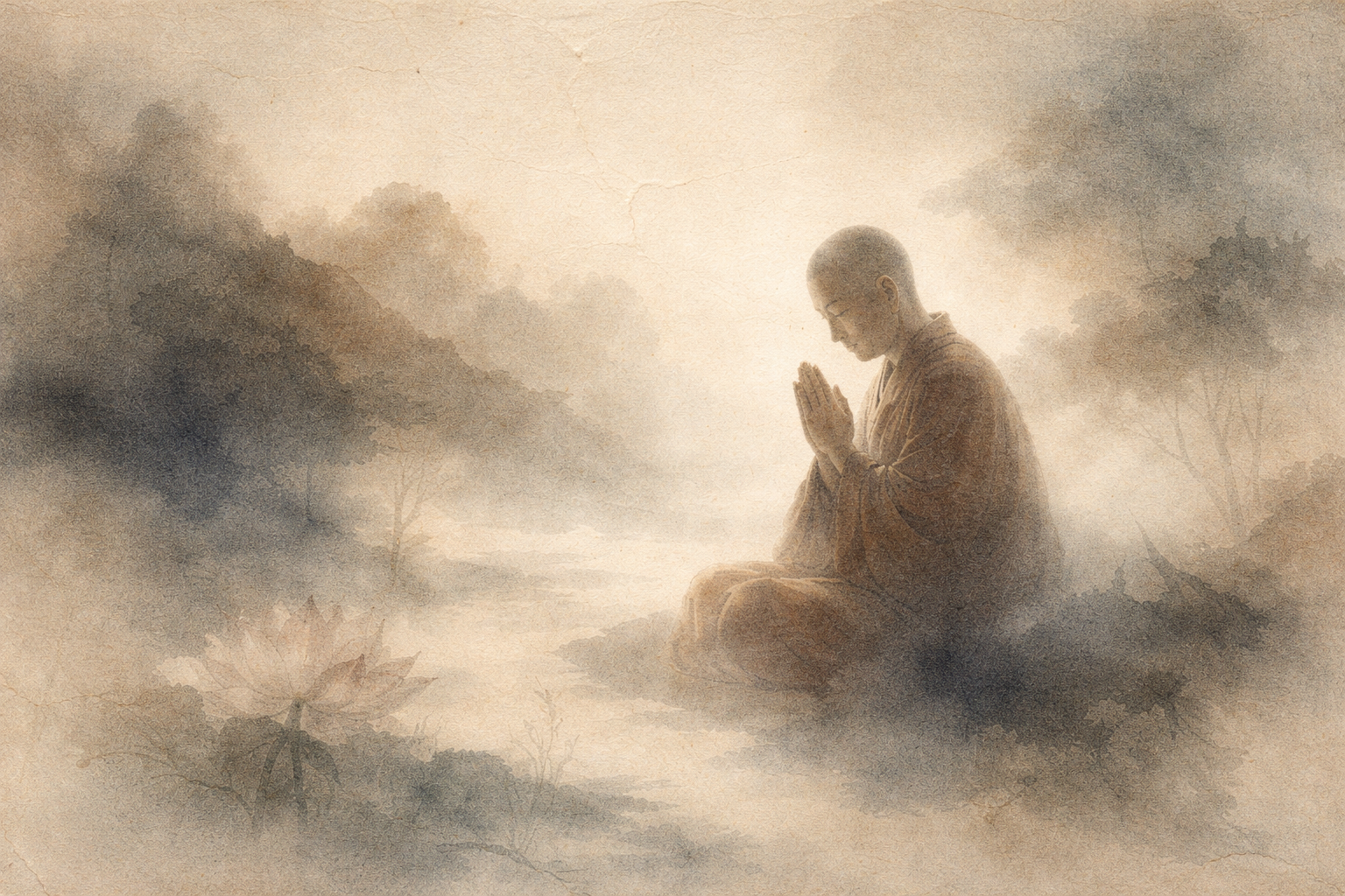 A monk sits in quiet meditation with hands in prayer beside a lotus pond, surrounded by soft mist and mountains, evoking calm focus and the gentle repetition of a mantra