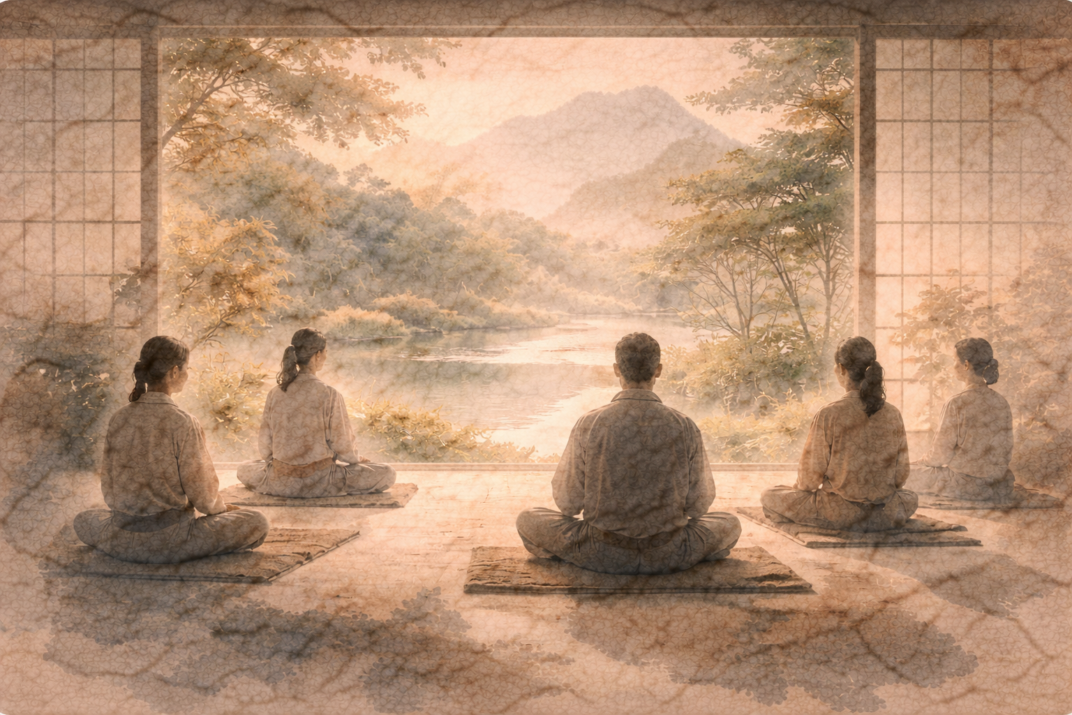Abstract depiction of a small group seated in quiet meditation within an open, softly lit space facing a tranquil natural landscape, rendered in gentle ink textures that evoke simplicity, shared silence, and the contemplative atmosphere of a meditation retreat.