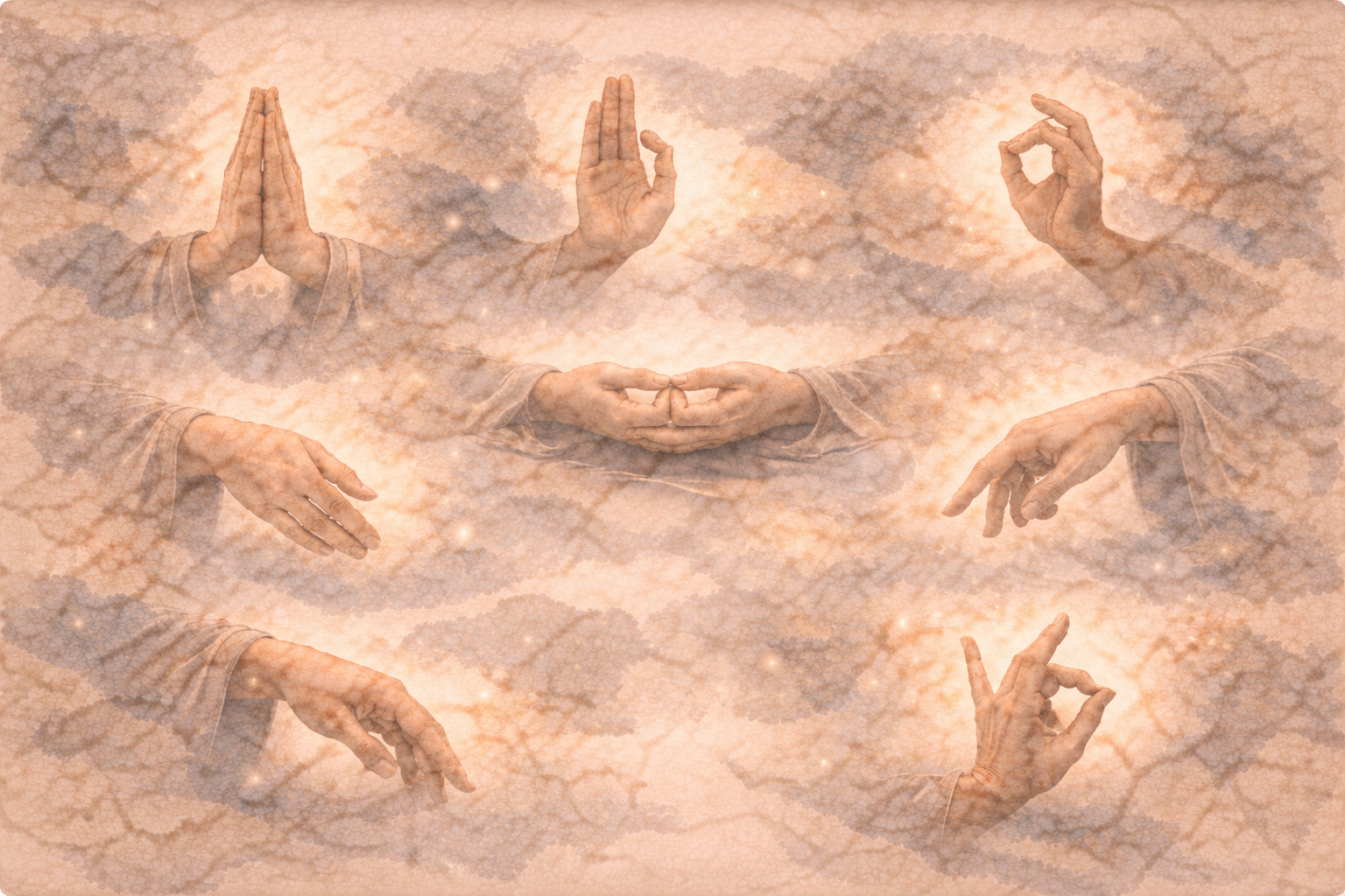 Abstract depiction of multiple symbolic hand gestures emerging from softly layered ink textures, representing Buddhist mudras that convey states of mind such as calm, teaching, compassion, and meditation.