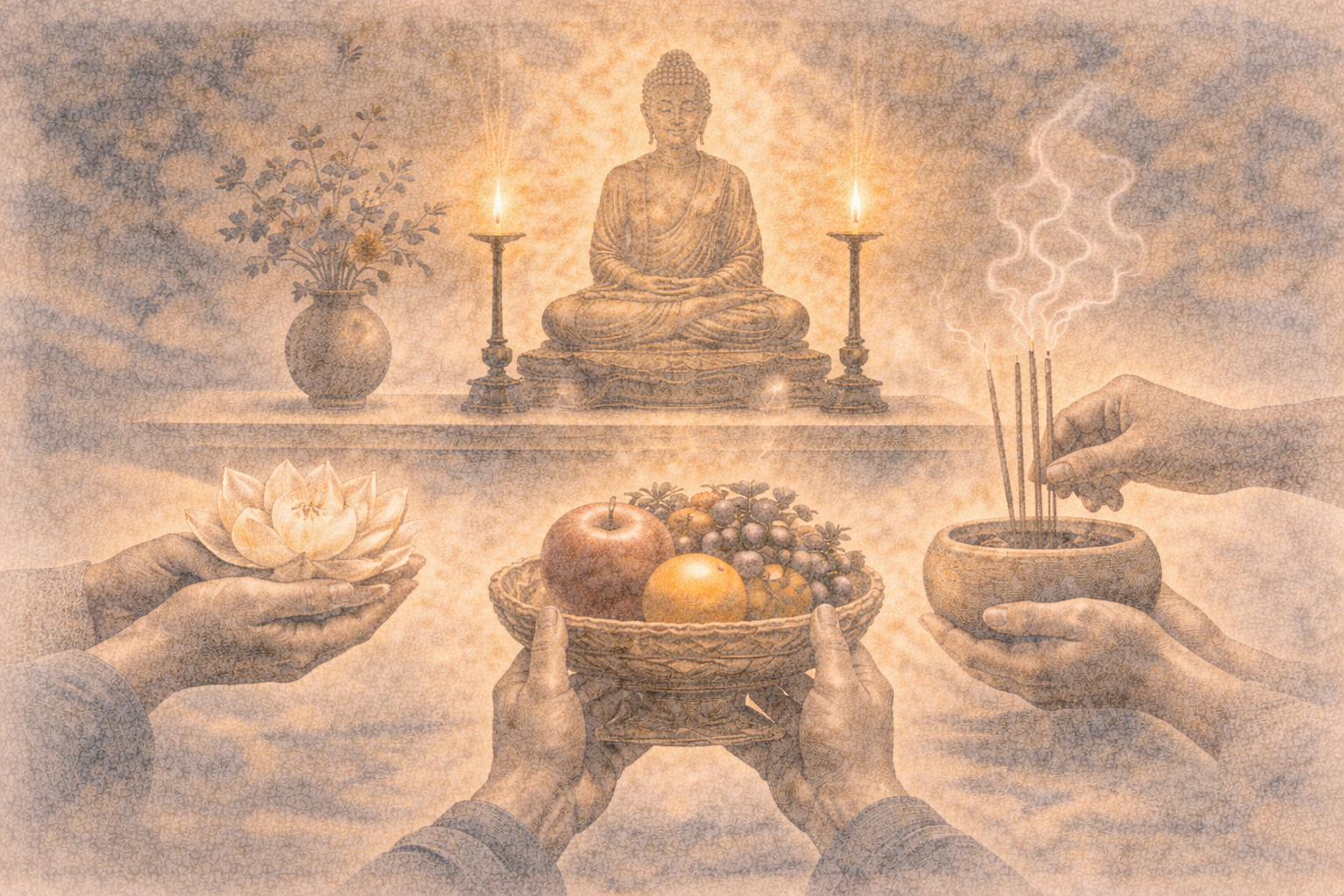Hands presenting simple offerings—fruit, incense, and a lotus—before a serene Buddha figure, symbolizing generosity, gratitude, and the intention behind offerings in Buddhist practice