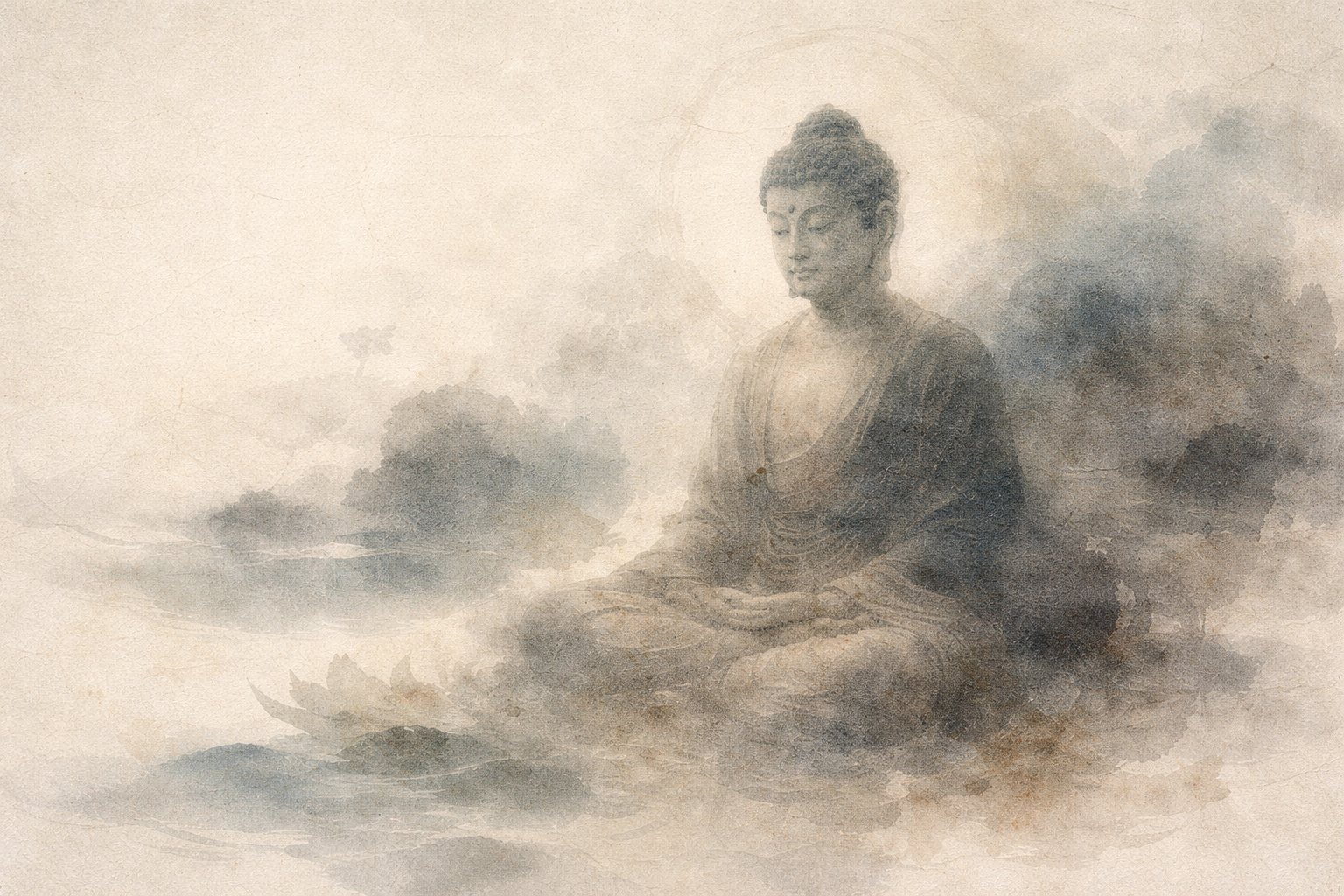 やわらかな霧と流れるような墨の表現の中で瞑想する静かな仏の姿を描き、内なる平和、目覚め、そして仏教の実践が目指す精神的な目的を象徴する抽象的なイメージ。