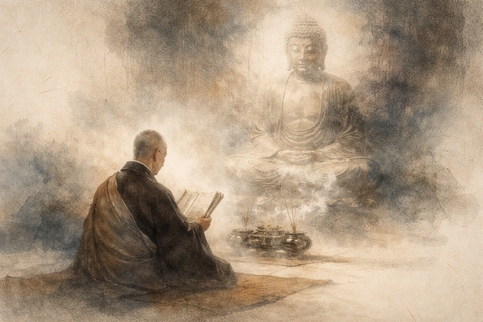 静かに立ち上る香煙の中、仏の姿を前に経典を読む僧侶の情景。般若心経の智慧と瞑想的な教えを象徴している