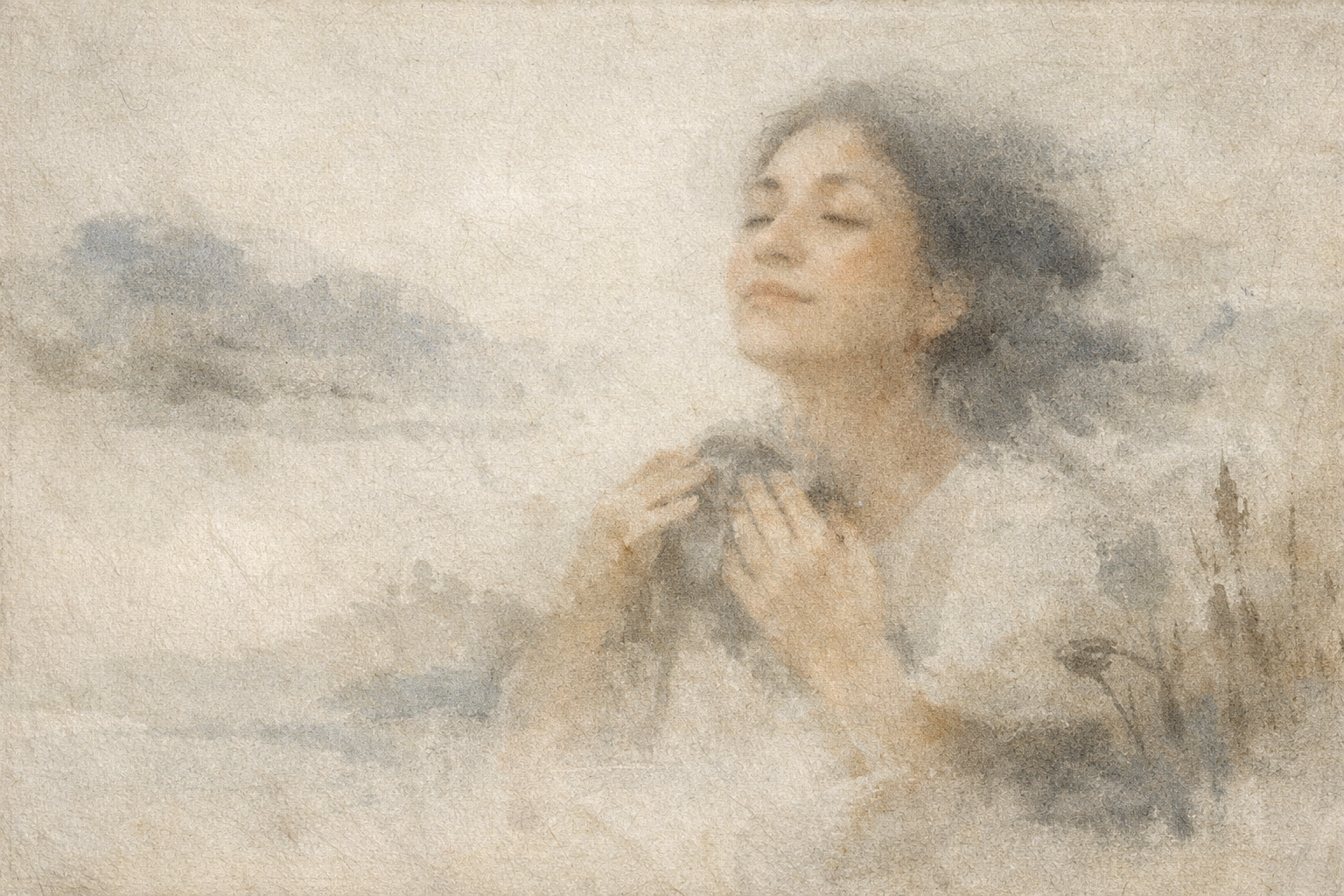 A serene woman with eyes gently closed, hands near her chest, surrounded by soft, flowing textures—symbolizing inner strength, spiritual presence, and the quiet yet vital role of women in Buddhist practice