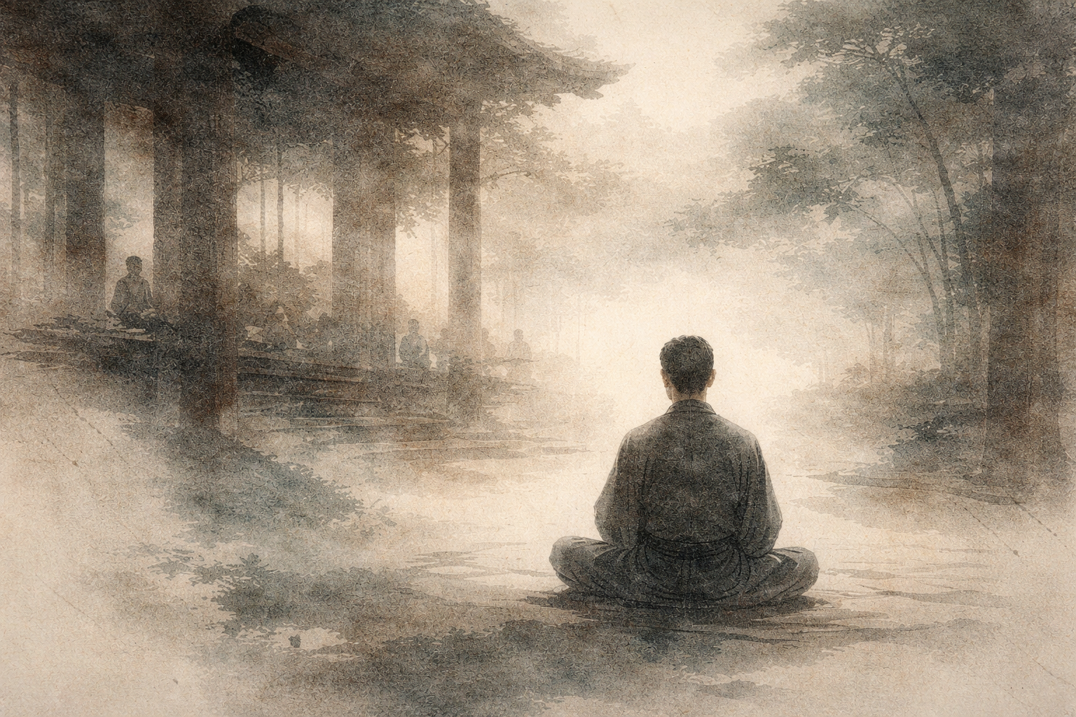 Soft watercolor-style image of a person meditating in a quiet, misty environment near a simple pavilion, symbolizing mental training, focused awareness, and the inner development emphasized in the Silva Method.