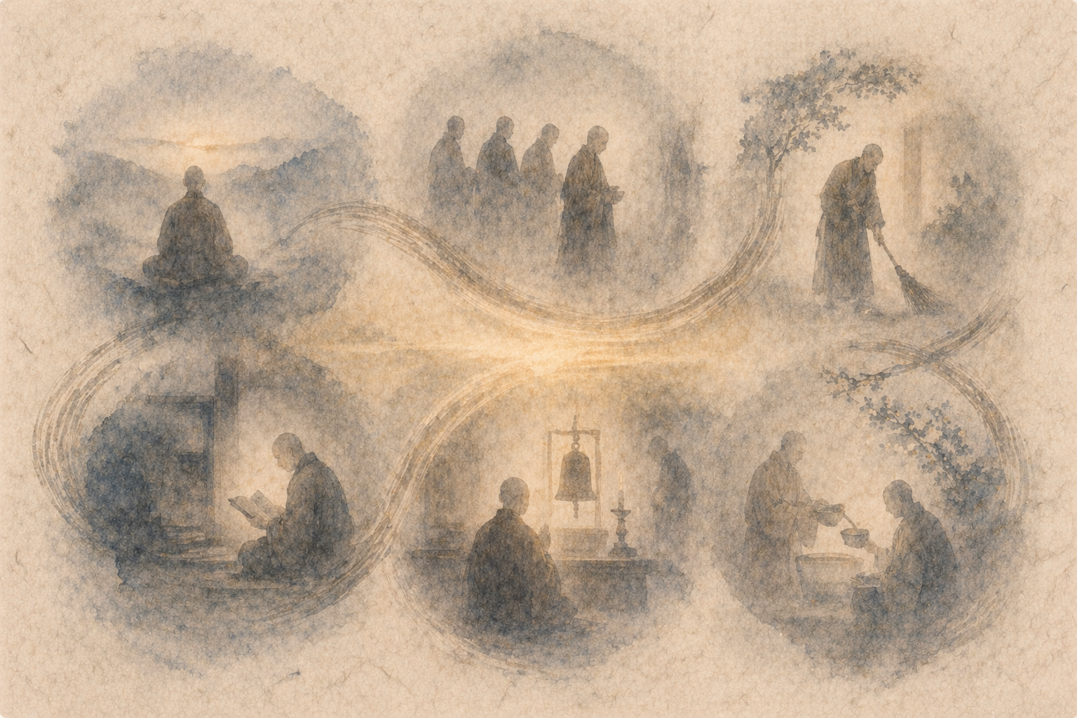A series of quiet monastic moments—meditation, reading, ritual, and daily tasks—connected by a flowing path, illustrating how reflecting on death in Buddhism is integrated gently into ordinary life