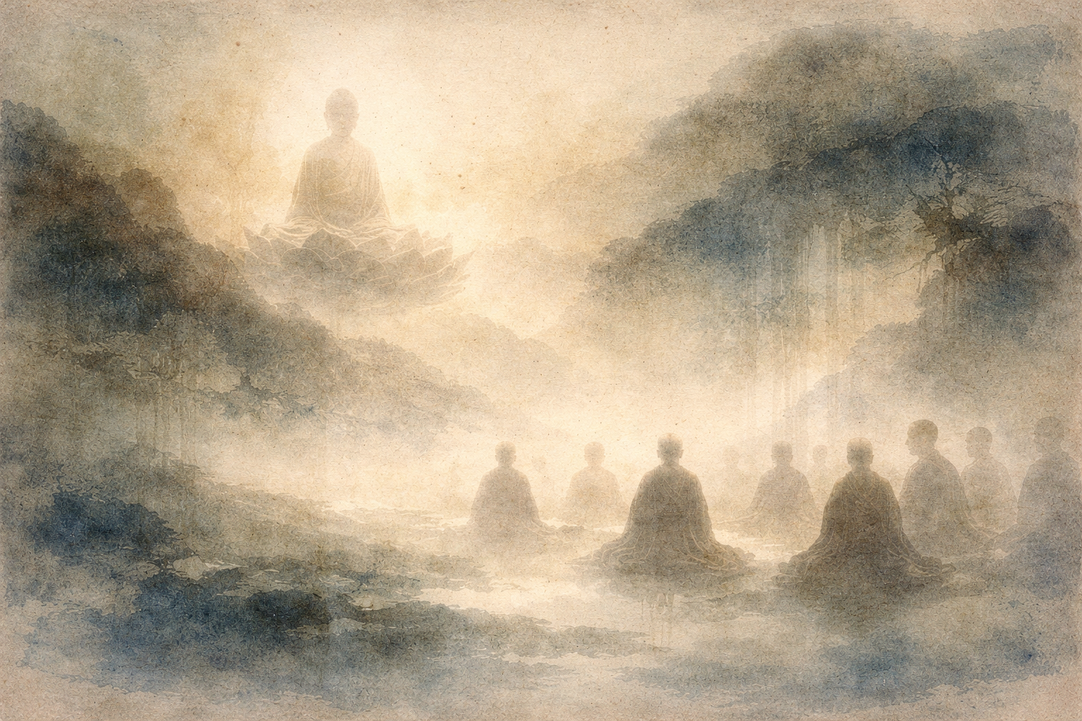 Abstract depiction of a luminous Buddha figure above a quiet group of meditators in a misty landscape, rendered in soft ink textures that evoke contemplation and the distinctive philosophical approach of Buddhism.