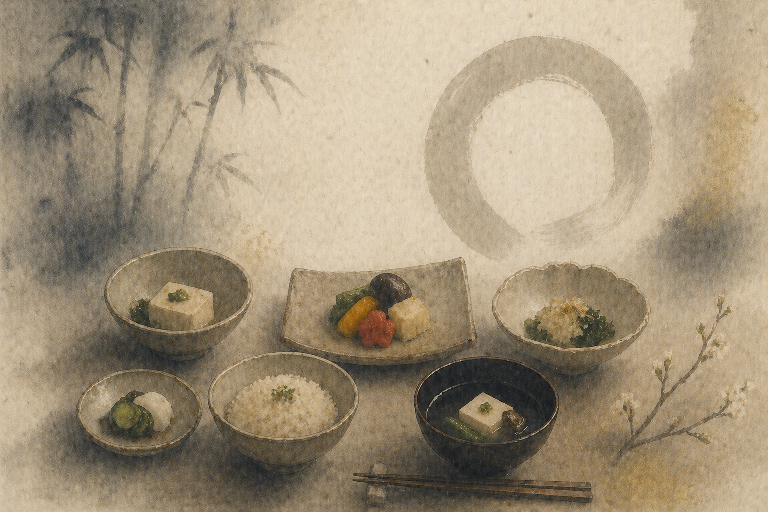 ご飯、豆腐、季節の野菜、汁物が控えめな器に丁寧に盛り付けられ、円相や自然の要素とともに描かれた精進料理。一般的なベジタリアン料理とは異なる、心を込めた調理、調和、そして精神的な意図を強調している